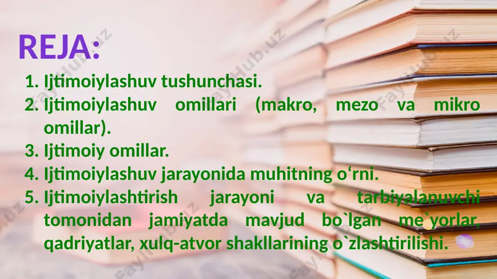 ‘zlashtirilishi va uning faoliyatida takrorlanishi bilan amalga oshiriladi. ijtimoiylashtirish jarayonida shaxs shaxsga aylanadi va odamlar hayoti, qobiliyatlari, qobiliyatlari uchun zarur bilimlarni oladi, ya'ni, boshqa odamlar bilan muloqot qilish va o‘zaro aloqa qilish qobiliyati ijtimoiylashtirish ijtimoiy muhit bolaga ta'sir qiladi turli xil ta'sirlarni passiv ravishda qabul qilmaydi lekin asta-sekin ijtimoiy ta'sir ob'ekti pozitsiyasidan faol sub'ekt pozitsiyasiga o‘tadi ijtimoiylash-tirish juda murakkab jarayon u har qanday davr yoki yosh bilan chegara-lanmaydi bu jarayon inson hayoti davomida doimiy ravishda sodir bo‘ladi va u ishtirok etgan barcha tomonlarga ta'sir qiladi xulosa ijtimoiylashtirish jarayonida odamlar o‘zini qanday tutishni, turli xil vaziyatlarga hissiy munosabatda bo‘lishni, turli xil his-tuyg'ularni boshdan kechirishni va namoyon bo‘lishini, tabiiy va ijtimoiy dunyo haqida qanday bilib olishni, hayotingizni qanday tashkil qilishni, qanday axloqiy va axloqiy yo‘nalishlarga rioya qilishni, shaxslararo muloqotda qanday qilib samarali ishtirok etishni va qanday qilib yashashni o‘rganadilar. ijtimoiy muhit ijtimoiy me'yorlarni va madaniy qadriyatlarni o‘zlashtirishga hissa qo‘shadi va asosiy poydevor …