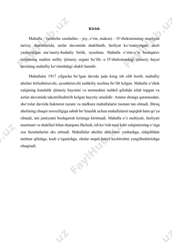 ujassamlashtirib, ularni ijtimoiy hayotga joriy qiluvchi umumiy hamda alohida holatlarni namoyon qiladi. mamlakatimiz prezidenti islom karimov «o‘zbekiston xxi asrga intilmoqda» asarida ta’kidlanganidek, «mahalliy hokimiyat organlari va fuqarolarning o‘zini-o‘zi boshqarish organlari bajaradigan vazifalar doirasini kengaytirish, ularga davlat vakolatlarining bir qismini bosqichma-bosqich topshirish lozim. bunda eng muhimi, aholining kasb va ijtimoiy tarkibi manfaatlarini yanada to‘laroq ifodalash va himoya qilishda nodavlat, jamoat tuzilmalarining huquq va mavqeilarini oshirish darkor. «kuchli davlatdan kuchli fuqarolik jamiyati sari» degan siyosiy qurilish dasturining mohiyati ana shunda yaqqol namoyon bo‘ladi. aynan shunday yondoshuv fuqarolarning o‘zlariga-o‘zlari hayoti va butun jamiyat hayotini boshqarishda va teng tashkil etishda keng ishtirok etish uchun imkoniyat yaratadi»[3]. shu boisdan ham mahalla va mahalliy boshqaruv sotsiologiyasi aynan ana shu fuqarolarning o‘zini - o‘zi mahalliy boshqarish organlari faoliyatini va uning ijtimoiy jihatini tahlil qiladi. demak, fuqarolarning o‘zini - o‘zi boshqarishning mahalliy kuyi organi bo‘lgan mahallaning avvalo huquqiy asoslari quyidagi jihatlar bilan belgilanadi: «o‘zbekiston respublikasi konstitusiyasi» (aynan 21 …