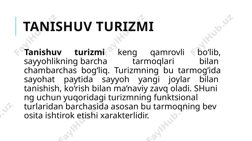 gi turizm tog‘dagi qishgi stansiyalarda tashkil etiladi. ovchilik va baliq ovi. bu turizm ham an’anaviy turizm turlaridan biri bo’lib, maium belgilangan qoidalar asosida tashkil etiladi, ya’ni unda ishtirok etish uchun maxsus ruxsatnoma va litsenziyalar talab etiladi. ovchilik va baliq ovi geografik joylashuv, fasl va hayvonlar hamda baliqlaming ba’zi turlarini saqlash maqsadida joriy qilingan cheklovlar va ruxsatlarga bogiiq holda tashkil etiladi. ovchilikning bir turi sifatida afrikaning qo‘riqxonalarida tashkil etiladigan safarilami kiritish mumkin. shuni ta’kidlash kerakki, sport turizmining bu turi ixtisoslashgan hisoblanib,o’zining tarafdor lariga egadir. golf sport turizmining bir turi hisoblanib, buyuk britaniyada vu- judga kelgan va keyinchalik boshqa mamlakatlarga keng tarqalgandir. shuni ta’kidlash kerakki, sport turizmi keng infrastrukturaga ega boiishi kerak. uning tarkibiga sport uskunalarini ijaraga berish joylari, xizmat ko‘rsatish hududlari, kiyim almashtirish xonalari, texnik xizmat ko‘rsatish xizmatlari, maxsus inshootlar (maydonlar, kortlar, basseynlar va boshqalar) kiritiladi. katta xavf-xatar va jarohat olish ehtimolining yuqoriligi tibbiyot punktlarining mavjudligini talab etadi. bun dan tashqari, …