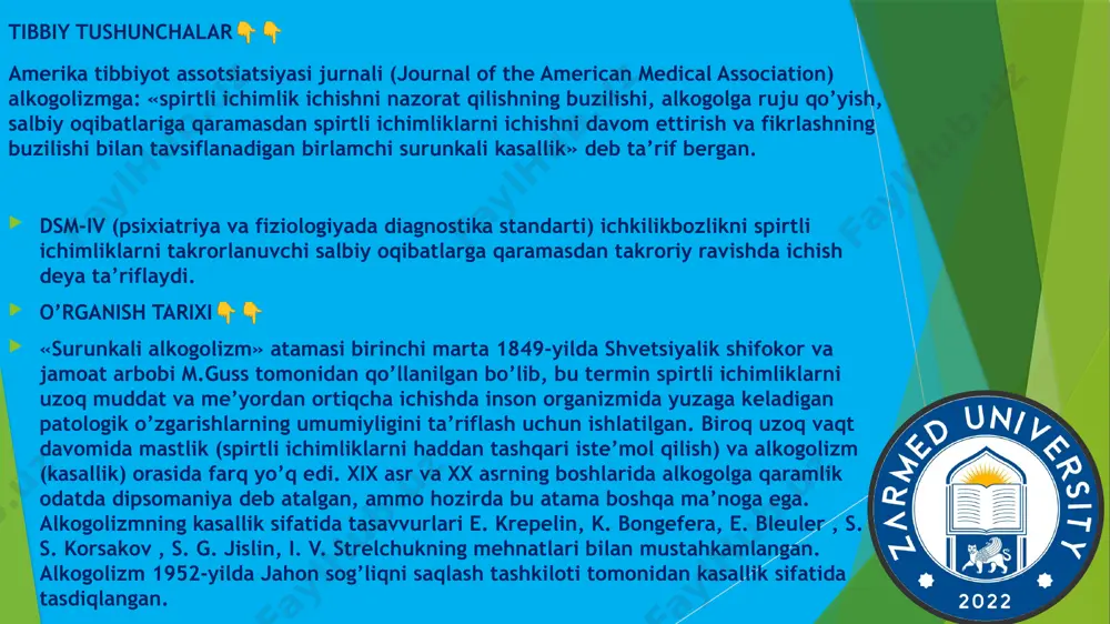 nazoratni batamom yo’qotadi. ushbu bosqichda spirtli ichimliklarga jismoniy qaramlik mavjud bo’ladi. kasallikning aynan ikkinchi bosqichida bosh og’rig’i, tashnalik, asabiylashish, uyqu bilan bog’liq muammolar, yurak sohasida og’riq, oyoq-qo’llarning yoki butun vujudning titrashi bilan birga kechadigan abstinentli alkgolli sindrom yuzaga keladi. uchinchi bosqichda 👉spirtli ichimliklar ichish istagi kuchayib boradi, mutanosib ravishda o’zini nazorat qilish qobiliyati kamayadi. organizm endi oz miqdordagi spirtli ichimliklarga ehtiyoj sezadi. bunday holda, psixikadagi buzilishlar tobora ko’proq amneziyaga sabab bo’ladi. ruhiy, jismoniy va ijtimoiy degradatsiya kuchayadi. sekin-asta «chin zapoy» degan tushunchaga yaqin bo’lgan holat yuzaga keladi — odamda endida ongsiz ravishda alkogolga chidab bo’lmas intilish uyg’onadi. mast bo’lish uchun organizmga ozgina miqdorda alkgol (bir ryumka va undan ham kam) yetarli ekanligi sababli, bunday zapoy ba’zida tananing to’liq holsizlanishi bilan tugaydi. xomilador ayollarga alkogolni tasiri spirtli ichimliklar va uning oqibatlari. spirtli ichimliklarga moyil bo’lgan ayollar ko’pchiligida chaqaloqlar yurak-qon tomir tizimining turli kasalliklari bilan tug’iladi. yurak ishining muvaffaqiyatsizligi, markaziy asab tizimining …