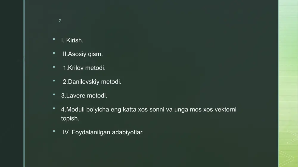 opishni o‘rgandim. o‘rgangan metodlarni amaliy jihatdan ms excel va paskalda dasturlarini tuzdim. 1. isroilov m.i. hisoblash metodlari, i. toshkent, o‘qituvchi, 2000. 2. демидович б.п., марон и.а. основы вычислительной математики. м., наука, 1970. 3. копченова и.в., марон и.а. вычислительная математика в примерах и задачах. –м., наука, 1972. – 368 с. 4. крылов в.и., бобков в.в., монастырный п.и. вычислительные методы, том i. –м., наука, 1976. z image4.png image5.png image6.png image7.png image8.png image9.png image10.png image2.png image3.png /docprops/thumbnail.jpeg