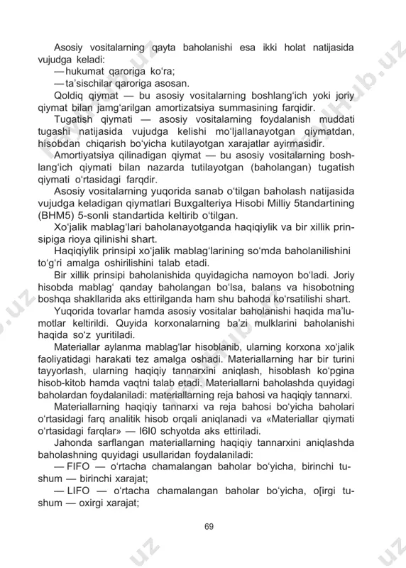 vositalarning boshlang‘ich yoki joriy qiymat bilan jamg‘arilgan amortizatsiya summasining farqidir. tugatish qiymati — asosiy vositalarning foydalanish muddati tugashi natijasida vujudga kelishi mo‘ljallanayotgan qiymatdan, hisobdan chiqarish bo‘yicha kutilayotgan xarajatlar ayirmasidir. amortiyatsiya qilinadigan qiymat — bu asosiy vositalarning bosh- lang‘ich qiymati bilan nazarda tutilayotgan (baholangan) tugatish qiymati o‘rtasidagi farqdir. asosiy vositalarning yuqorida sanab o‘tilgan baholash natijasida vujudga keladigan qiymatlari buxgalteriya hisobi milliy 5tandartining (bhm5) 5-sonli standartida keltirib o‘tilgan. xo‘jalik mablag‘lari baholanayotganda haqiqiylik va bir xillik prin- sipiga rioya qilinishi shart. haqiqiylik prinsipi xo‘jalik mablag‘larining so‘mda baholanilishini to‘g‘ri amalga oshirilishini talab etadi. bir xillik prinsipi baholanishida quyidagicha namoyon bo‘ladi. joriy hisobda mablag‘ qanday baholangan bo‘lsa, balans va hisobotning boshqa shakllarida aks ettirilganda ham shu bahoda ko‘rsatilishi shart. yuqorida tovarlar hamda asosiy vositalar baholanishi haqida ma’lu- motlar keltirildi. quyida korxonalarning ba’zi mulklarini baholanishi haqida so‘z yuritiladi. materiallar aylanma mablag‘lar hisoblanib, ularning korxona xo‘jalik faoliyatidagi harakati tez amalga oshadi. materiallarning har bir turini tayyorlash, ularning …