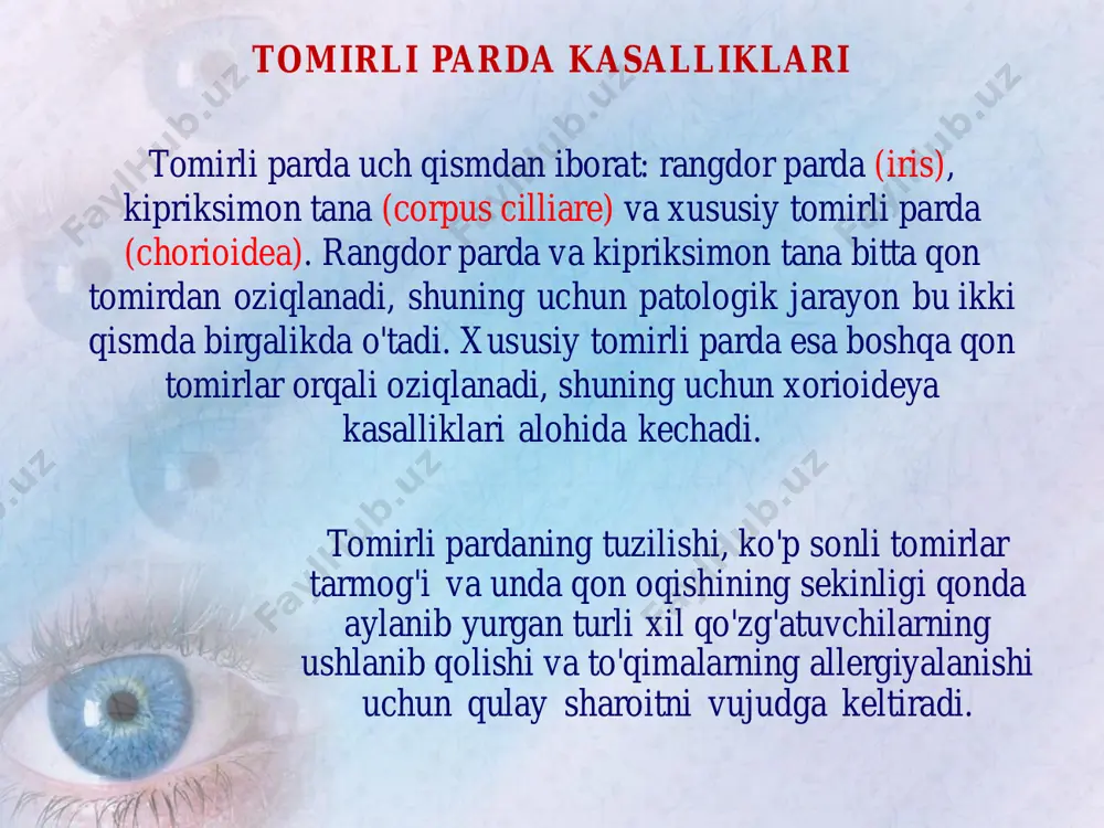 ib shishadi, ko'z yorig'i torayadi, perikorneal inyeksiya kuzatiladi, shox pardada o'zgarish bo'lmaydi. i r i t belgilari: kasal ko'zning rangi o'zgaradi, rangdor pardaning rasm — relyefi silliqlashib; qorachiq torayadi, chiroqqa ta'siri bo'lmaydi, noto'g'ri shaklga ega bo'ladi. qorachiq bilan gavhar orasida bitishmalar (sinexiyalar) hosil bo'ladi, qorachiq kengaytirilganda uning shakli noto'g'ri bo'lib, sinexiyalar yaqqol ko'rinadi s i k l i t belgilari: kipriksimon tanani ko'zda ko'rib bo'lmaydi, shuning uchun irit bo'lgan ko'zda siklit belgilarini qidirish lozim. ular: ko'zdagi qattiq og'riqlar (kipriksimon tana nerv tolalariga boy bo'lganligi uchun), ko'z ichi bosimining pasayishi (kipriksimon tana kasal bo'lganligi uchun ko'z ichi suyuqligi kam ishlab chiqaradi) — barmoqlar bilan paypaslab tekshiriladi, silliar og'riqlar — bosim o'lchanganda ko'zda qattiq og'riqlar seziladi, shox pardaning ichki qavatiga toshmalar toshishi (pretsipitatlar), shishasimon tananing xiralashishi, ko'rish darajasining pasayishida seziladi. xorioidit og'riqsiz o'tadi. bemor ko'rish darajasining pasayishi, ko'z o'ngida jismlar uchgandek bo'lishi, buyumlar shaklining o'zgarib ko'rinishi, ko'z oldida chaqmoqlar chaqqandek tuyulishi kabi …