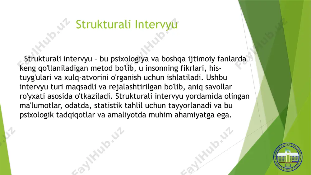 di. bu test ichki his-tuyg'ularni aniqlashda yordam beradi. • mmpi (minnesota multiphasic personality inventory): bu test shaxsiyatni baholash uchun keng qo'llaniladi va turli ruhiy holatlarni aniqlashga yordam beradi. 4. observatsiya observatsiya – bu xulq-atvorni kuzatish orqali insonning ichki qarama-qarshiliklari haqida ma'lumot olish usulidir. psixologlar bunday kuzatuvlarni o'tkazish orqali respondentning xulq-atvorini tushunishga harakat qiladilar. 5. psixoterapiya psixoterapiya – bu psixologik muammolarni hal qilishda yordam beradigan usullar to'plamidir. psixoterapevtik sessiyalar davomida terapevt va bemor o'rtasida muloqot orqali ichki ziddiyatlarni hal qilishga harakat qilinadi. xulosa strukturali intervyu, qarama-qarshilik klassifikatsiyasi, psixologik mexanizmlar va diagnostika metodlari psixologiyada muhim ahamiyatga ega elementlardir. ularning barchasi inson psixikasini tushunishga va ruhiy holatlarni aniqlashga yordam beradi. psixologik tadqiqotlarda ushbu metodlardan foydalanish insonlarning ichki dunyosini chuqurroq o'rganishga imkon yaratadi va ruhiy salomatlikni yaxshilashga xizmat qiladi. ushbu maqola davomida strukturali intervyu jarayonlari, qarama-qarshilik klassifikatsiyasi turlari, psixologik mexanizmlar va diagnostika metodlari batafsil ko'rib chiqildi. har bir metodning o'ziga xos afzalliklari va kamchiliklari …