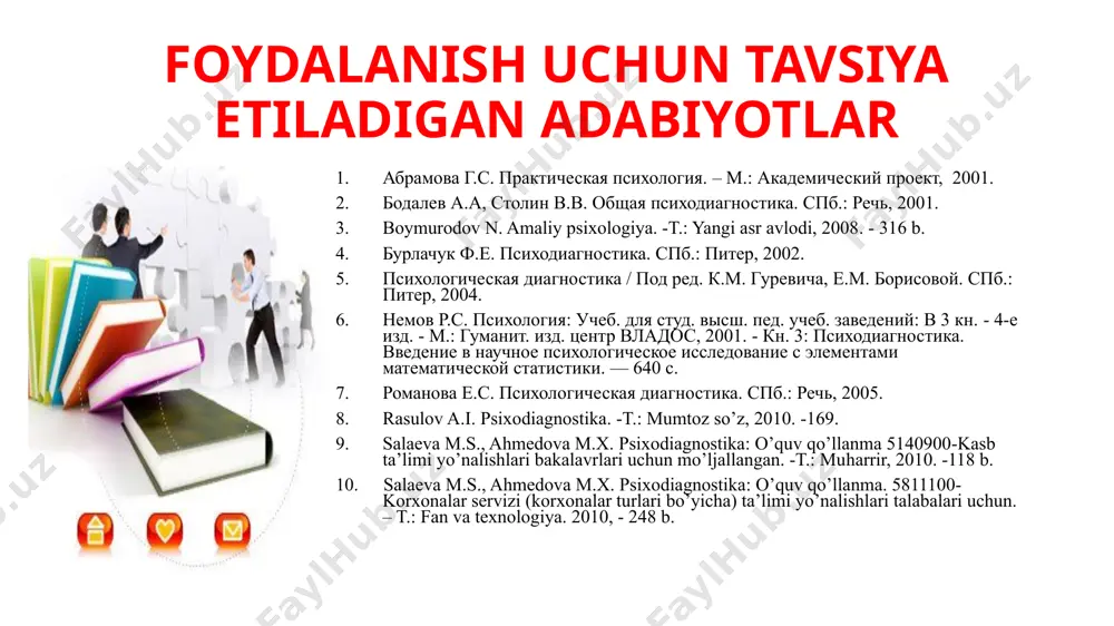 aviyligi psixodiagnostika - bu psixologik tashxis qo‘yish degan ma'noni anglatib, shaxsning ruhiy holati, to‘liq biror-bir alohida xususiyati haqida xulosa chiqarishdir, bunda «tashxis» shaxsning taraqqiyot ko‘rsatkichi va tavsifnomalarni birgalikda tahlil qilish asosida sinaluvchining holat va xususiyatlari haqidagi xulosalardan iborat. «diagnoz», ya'ni «tashxis» esa shaxs rivojlanishidagi har qanday og‘ishlarni, hattoki uning holat va xususiyatlarining konkret taraqqiyot darajasini aniqlash demakdir. «psixodiagnostika» atamasi ilk bor shvetsariyalik psixiatr german rorshaxning (hermann rorschach) «psixodiagnostika» (1921) asari chop etilishidan so‘ng psixiatriyada qo‘llanilgan bo‘lib, u tez orada tibbiyotdan tashqarida ham keng miqyosda ommalasha boshladi. 1884-1922 psixodiagnostika amaliy fan sifatida psixodiagnostik metod, usullarni axloqiy, kasbiy etka doirasida qo’llashga oid qarashlar psixodiagnostika nazariy fan sifatida psixodiagnostik jarayindagi o’zgaruvchilarning psixologik xususiyatlarni tahlil qilish, psixometrik mezonlarni tadqiq etish. fanning predmetining o‘ziga xos jihatlari psixodiagnostik metodikalarni tanlash va xulosalarni shakllantirishning metodologik hamda metodik tamoyillari muayyan psixodiagnostik metodlarni qo’llash metodikasi psixometrika metodikalar, psixodiagnostga qo’yiladigan talablar umumiy psixodiagnostika fanining vazifalari. psixodiagnostika fanining nazariy vazifalari quyidagilardan …
