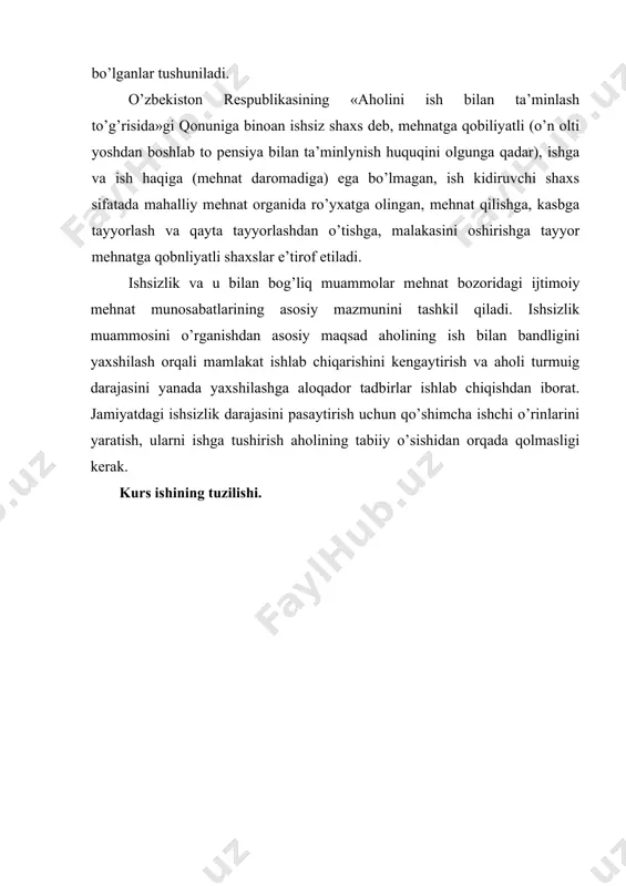d tabiiy ehtiyojni ro’yobga chiqarish jihatidan ham insonning mehnat qilish huquqi, uning mehnatga qodirligini yuzaga chiqarish huquqini amalga oshirish to’g’risida boradi. muammoga sof iqtisodiy jihatdan qaraganda ishsizlik – mamlakat aholisining mehnat qilishga qodir bo’lgan va mehnat qilishni istaydigan, har bir aniq paytda soni ko’proq yoki kamroq bo’ladigan muayyan miqdordagi qismining ish bilan ta’minlanmaganligidir. xalqaro mehnat statistikasi bilan shug’ullanuvchi mutaxassislar ishsizlikka berilgan ta’rifni hisobga oladigan bo’lsak, unda ishsizlarga: a) ishga ega bo’lmaganlar; b) ishlashni istaydiganlar; v) ish izlash istagida bo’lgan shaxslar kiradi. ko’pgina rivojlangan mamlakatlarning ijtimoiy statistika ma’lumotlariga ko’ra ishsizlar sirasiga va ish bilan band degan maqom berish uchun o’tkazilgan so’rovlar paytida ish bilan band bo’lmaganlar guruhiga ishdan bo’shagandan so’ng to’rt hafta mobaynida ish topishga uringan va mehnat birjasida ro’yxatdan o’tgan shaxslar kiritiladi. yaponiyada ishsiz shaxs deb, so’nggi bir hafta davomida bir soat ham ishlamagan buyuk britaniyada esa, so’nggi bir hafta mobaynida ishlamagan, shu davr mobaynida ish qidirgan yoki kasalligi tufayli …