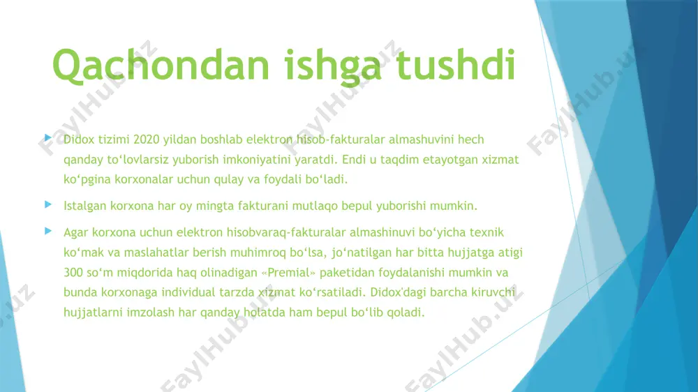 r” bo‘limida rasmiylashtirish mumkin. u uchta bo‘linmadan iborat: * xarid qilinayotgan tovarlar mening so‘rovlarim marketpleys 2-imkoniyat. takliflar tahlili demak, biz sizga kerakli tovar/xizmat yetkazib beruvchilarni topish va ulardan takliflar qabul qilishga muvaffaq bo‘ldik! endi bu takliflar orasidan eng yaxshisini qanday tanlaymiz? axir narxdan tashqari yetkazib beruvchining ishonchliligi, uning qqs to‘lovchi sifatidagi maqomi va qqs uzilishlari koeffitsiyenti ham ahamiyatga ega. bunda tizimning ikkinchi quroli yordamga keladi, u mavjud takliflarning barchasini tahlil qilib, ularni foydalilik darajasiga qarab ketma-ketlikda joylashtiradi. bu jarayonda narx, qqs, uzish koeffitsiyenti va yetkazib berish shartlari hisobga olinadi. detallarga aniqlik kiritish uchun chatdan foydalanish va yetkazib beruvchiga tizimdan chiqmagan holda savol berish mumkin. yetkazib beruvchi tanlanganidan so‘ng shu paytning o‘zida undan shartnoma olish va hisob to‘lovini bepul banking tizimi yordamida amalga oshirish mumkin. 3-imkoniyat. nazorat ko‘p rahbarlarni u yoki bu tovar haqiqatdan yaxshi shartlar asosida sotib olingani, xarid vaqtida korrupsiya aralashmaganiga oid savollar bezovta qiladi. endi didox yordamida bu …