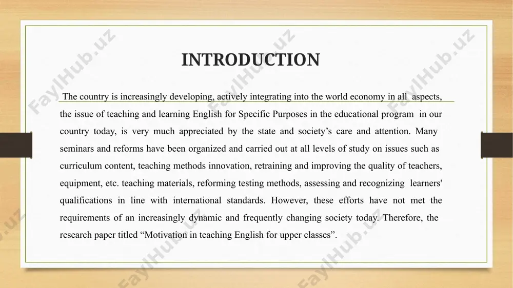 to engage and inspire students at this level. the subject of the research is the role of motivation in teaching english for upper classes, and how it can significantly impact the educational experience for both educators and students. it will also focus on the use of motivational quotes and other inspirational resources as powerful tools for creating a positive and encouraging learning environment. the aim of the study to provide valuable insights into the role of motivation in teaching english for upper classes, and how it can empower students to achieve their language learning goals the theoretical and practical values of this research are determined by studying the complex of practical activities and systematizing the theoretical aspects of several activities. the presented materials can be used by teachers in the educational process in english in upper classes. the results of the study can be applied in the process of learning …