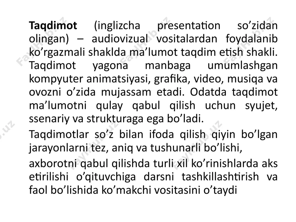 ko’radi va o’zini qiziqtirgan qismlaridan foydalana oladi. ma’lumotni qabul qilish katta mehnat va vaqt talab qilmaydi. ma’lumot taqdim etishning boshqa shakllaridan farqli ravishda multimediali taqdimot bir necha o’n minglab sahifa matn, minglab rasm va tasvirlar, bir necha soatga cho’ziladigan audio va video yozuvlar, animatsiya va uch o’lchamli grafikalarni o’z ichiga olgan bo’lishiga qaramay, ko’paytirish xarajatlarining kamligini va saqlash muddatining uzoqligini ta’minlaydi taqdimot turlari: chiziqli taqdimot – murakkab grafika, videoqo’yilma, ovoz jo’rligidagi va navigatsiya tizimiga ega bo’lmagan dinamik rolik. chiziqli taqdimotlar mo’ljallanishiga ko’ra shartli ravishda quyidagi shakllarga bo’linadi: stend shaklidagi multimedia taqdimoti; elektron doklad yoki jo’rlikdagi taqdimot; sales-taqdimot; promo-rolik; intro-rolik; ekran himoya lavhalari (screensavers). interfaol taqdimot – ierarxik tamoyillar bo’yicha tuzilmaga keltirilgan va maxsus foydalanuvchi interfeysi orqali boshqariladigan multimediali komponentlar to’plami. microsoft power point dasturi chiroyli taqdimot tayyorlashda eng samarali va universal vositalardan biri - bu microsoft office ilovasidagi – power point amaliy dasturlar paketi (adp)dan foydalanish maqsadga muvofiqdir. u grafik …