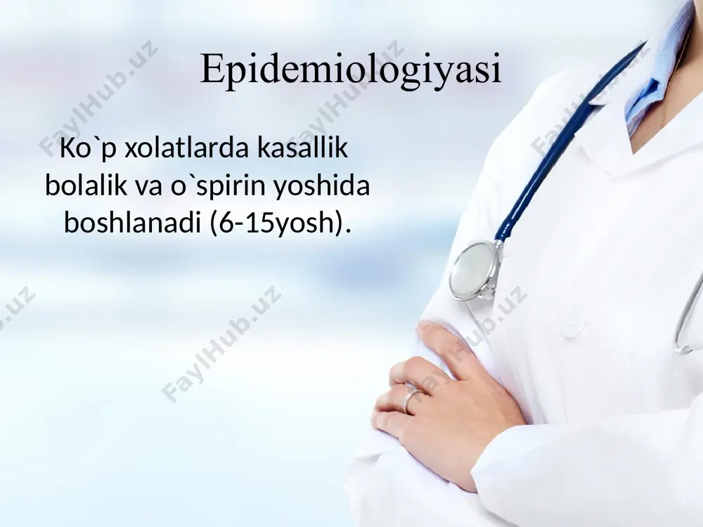 shishi, asosan i daraja; qorinchalar repolarizatsiyasining buzilishi; elektr sistolasining uzayishi exokg belgilar: yurak hajmining oshishi; mitral yoki aortal regurgitatsiya klinik ko'rinishlar revmatik poliartrit bir bo'g'imdan boshqasiga tez tarqalishi ("o'zgaruvchanlik"). nosimmetrik oligoartrit (kamroq - monoartrit) katta juftlashgan bo'g'ilar (tizza, to'piq, kamroq - tirsak, elka, bilak). revmatik xorea (kichik xorea, sidengam xoreyasi) xoreik giperkinez; mushak gipotoniyasi statik va muvofiqlashtirish buzilishi; qon tomir distoniyasi; psixo-emotsional buzilishlar klinik ko'rinishlar halqasimon eritema klinik ko'rinishlar och pushti halqa shaklidagi toshmalar; diametri - bir necha mm dan 5-10 sm gacha. asosiy joylashuvi tananing orqa qismida va muchchalarning proksimal qismlarida (lekin yuzida emas). teri osti revmatik tugunlari klinik ko'rinishlar har xil o'lchamdagi dumaloq zich, harakatsiz, og'riqsiz shakllar (bir necha mm dan 2 sm gacha) joylashishi - bo'g'imlarning bukuvchi yuzasida, to'piqlar sohasida, axil paylari, umurtqalarning o’tkir o’siqlari, ensa sohasida uchraydi. rivojlanish sikli - 2 haftadan 1 oygacha diagnostika laborator tekshirishlar tomoq surtmasini bakteriologik tekshirish (natijalar odatda o’ri rivojlanishi vaqtida …