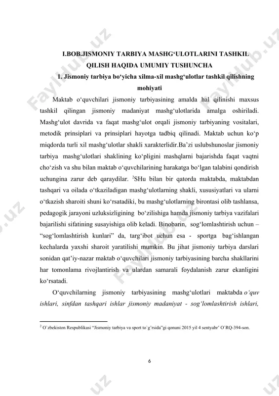 an tarkib bilan o‘yinlar, oilaviy musobaqalar uloqtiruvchilar kuni, ommaviy krosslar (yuguruvchilar kuni), turli xil konkurslar o‘tkaziladi. oilada jismoniy tarbiya uy sharoitida, dars tayyorlash paytidagi jismoniy madaniyat minutlari, jismoniy tarbiyadan uyga berilgan vazifalarni bajarish, sport xarakteridagi mashqlar, oilaviy sayohatlar va jismoniy mashqlar bilan mustaqil shug‘ullanish mushg‘ulotlari, o‘yinlar, trenirovkalar sifatida uyushtiriladi. 1.2. maktab tomonidan tashkil qilib o‘tkaziladigan jismoniy tarbiya mashg‘ulotlari. jismoniy tarbiya nazariyasi va amaliyotida maktab o‘quvchilari barcha shaklini ikki guruhga ajratish qabul qilingan biri asosan dars vaqtida o‘qish va o‘qitish jarayonini o‘zida mujassamlashtirsa, ikkinchisi darsdan tashqari vaqtda tarbiyalovchi ta’sir ko‘rsatish kompleksi hisoblanadi mashg‘ulotlar shakllari darslar o‘quv kuni tartibida sinfdan tashqari maktabdan tashqari umumiy jismoniy tayyorgarlik darslargacha gimnas-tika sport turlari bo‘yicha seksiyalar bolalar va o‘smirlar sport maktablari sport trenirovkasi jismoniy madaniyat pauzalari va minut-lari sport bayramlari yozgi dam olish lagerlari uslubiy tashkillashtirilgan tanaffuslar sayohatli yurishlarni tashkil qilish va o‘tkazish sport - sog‘lomlashtirish lagerlari kuni uzaytirilgan guruhlarda sport soat-lari “alpomish” va “barchinoy” testlarini …