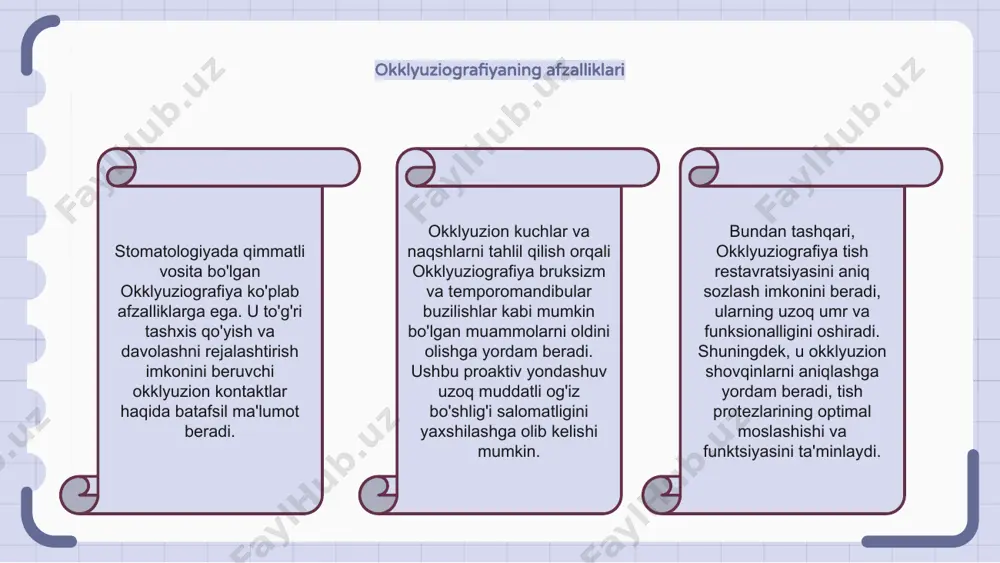 erishish va operatsiyadan keyingi to'g'ri okklyuzion uyg'unlikni va funktsional barqarorlikni ta'minlash orqali bemorni qondirishda muhim rol o'ynaydi. periodontiyada okklyuziografiya okklyuziografiya periodontologiya sohasidagi qimmatli vosita bo'lib, stomatologlarga okklyuzion muvozanatning buzilishi va ularning periodontal sog'likka ta'siri haqida tushuncha beradi. t-skanerlash va artikulyar qog'oz kabi okklyuzion tahlil usullaridan foydalangan holda, periodontologlar haddan tashqari kuch joylarini aniqlashlari va davolash rejalarini mos ravishda o'zgartirishlari mumkin. okklyuziografiyaning periodontologiyada integratsiyalashuvi okklyuzion va periodontal sharoitlar o'rtasidagi bog'liqlikni yanada to'liqroq tushunishga imkon beradi, natijada bemorga yordam ko'rsatish yaxshilanadi. implantologiyada okklyuziografiya okklyuziografiya zamonaviy implantologiyaning ajralmas qismi bo'lib, implantatsiyaga asoslangan restavratsiyalarda okklyuzionni aniq va to'g'ri baholash imkonini beradi. tishlar, jag'lar va mushaklar o'rtasidagi dinamik aloqani hisobga olgan holda, okklyuziografiya implantlarni joylashtirishning biomexanikasi haqida qimmatli ma'lumotlarni beradi. implantologiyada ilg'or texnologiyalar va raqamli tasvirlardan foydalanish orqali okklyuziografiya okklyuzion kuchlarni va ularning implantlarni tiklashga ta'sirini batafsil tahlil qilishni taklif qiladi. ushbu ma'lumot dental implantlarning uzoq muddatli muvaffaqiyati va barqarorligini ta'minlash uchun juda muhim bo'lib, …