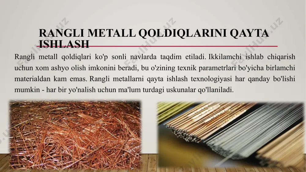 alyuminiy ishlab chiqarish yiliga 24 million tonnani tashkil etadi, uning asosiy qismi avstraliyada qazib olinadi. metall buyumlar ishlab chiqarishning ko'payishi bilan yerning ichaklarida alyuminiy o'z ichiga olgan rudalar hajmi kamayadi. shuning uchun imkon qadar ko'proq rangli metall parchalarini qayta ishlatish yo'lini topish juda muhimdir. plastik qadoqlashning heterojen tarkibidan farqli o'laroq, metall chiqindilarni olib tashlash va qayta ishlash osonroq. chiqindidagi qora va rangli metallar magnitlar yordamida ajratiladi (qora metallar tortiladi, rangli metallar tortilmaydi) va ularni boshqa chiqindilardan girdobli oqim ajratgichlar yordamida oson ajratish mumkin. rangli metallarni qayta ishlash statistikasi 2013-yilda fransiyada 1060 ta qayta ishlash korxonalari 1,8 tonna rangli metallarni qaytarib oldi. ular tomonidan 4576 million yevro miqdorida qazib olingan rangli metallar sotilgan. bu ularning asosiy daromad manbaiga aylandi. qayta ishlangan misdan foydalanish ruda ishlab chiqarishga nisbatan 85% gacha energiyani tejaydi va qayta ishlangan sink birlamchi ishlab chiqarishga qaraganda 76% kamroq energiya talab qiladi. qalay bu borada rekordchi bo‘lib, uni qayta …