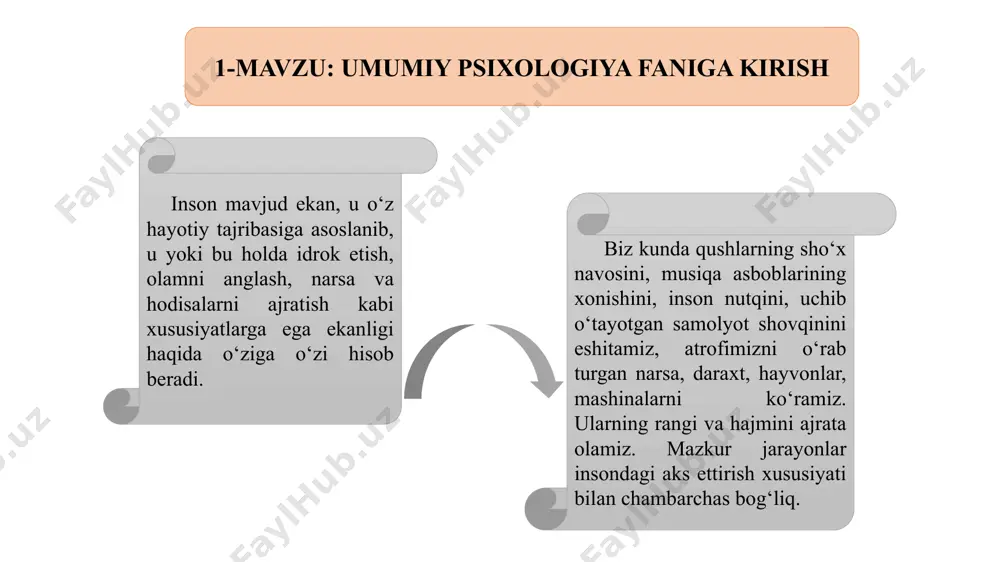 nishi, shakllanishi, faoliyat hamda yuzaga kelish qonuniyati, ayrim psixik fenomenlar va mexanizmlaridir. psixologiya bo‘yicha adabiyotlarda uning predmetini qisqacha qilib, psixikadir, deb ta’rif berishadi. psixika – bu inson ruhiyatining shunday holatiki, psixologiya – bu insonlarning turli hayot va faoliyati bosqichlarida hamda har xil sharoitlarda ularning psixikasini namayon bo‘lishi, rivojlanishi, shakllanishi, faoliyat hamda yuzaga kelish qonuniyati to‘g‘risidagi fan. psixologiyaning ob’ekti sifatida - bir inson yoki aniq bir shaxs emas balki turli ijtimoy guruhlar, omma va boshqa insonlarning uyushma shakllari xizmat qiladi. shu tariqa, inson psixologiyasining predmeti bo‘lib, insonlarning turli hayot va faoliyati bosqichlarida hamda har xil sharoitlarda individual va guruhiy psixikaning namoyon bo‘lishi, rivojlanishi, shakllanishi, faoliyat hamda yuzaga kelish qonuniyati, ayrim psixik fenomenlar va mexanizmlaridir. psixologiya bo‘yicha adabiyotlarda uning predmetini qisqacha qilib, psixikadir, deb ta’rif berishadi. psixika – bu inson ruhiyatining shunday holatiki, u tashqi olamni (ichki ruhiy olamni ham) ongli (ba’zan ongsiz ham) tarzda aks ettirishimizni, ya’ni bilishimiz, his qilishimiz, tasavvur …
