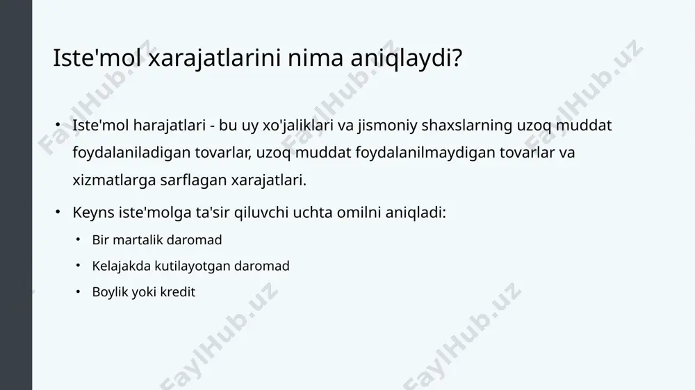 milliy daromad va sof eksport o'rtasidagi grafik bog'liqlik (eksport xarajatlari minus import xarajatlari) 15 investitsiyalar milliy daromadning funksiyasi sifatida investitsion funktsiya gorizontal chiziq sifatida chiziladi, chunki investitsiyalar foiz stavkalari va kelajakka bo'lgan umidlarga asoslanadi va shuning uchun u joriy milliy daromad darajasi bilan o'zgarmaydi. bu misolda investitsiya xarajatlari 500 darajasida. biroq, texnologik imkoniyatlar, yaqin muddatli iqtisodiy o'sish haqidagi taxminlar va foiz stavkalari kabi omillarning o'zgarishi investitsiya funktsiyasining yuqoriga yoki pastga siljishiga olib keladi. xarajat-chiqish modeli. muallif : openstax kolleji. joylashgan : https://cnx.org/contents/qghimgmo@11.12:ljyhl4ae@11/the-expenditure-output-model . litsenziya : cc by: attribution . litsenziya shartlari : http://cnx.org /contents/4061c832-098e-4b3c-a1d9-7eb593a2cb31@11.11 saytidan bepul yuklab oling 16 davlat xarajatlari va soliqlar milliy daromadning funksiyasi sifatida davlat xarajatlari darajasi ma'lum bir yildagi real yaim darajasi bilan emas, balki siyosiy omillar bilan belgilanadi. shunday qilib, davlat xarajatlari gorizontal chiziq sifatida chiziladi. ushbu misolda davlat xarajatlari 1300 darajasida. kongressning davlat xarajatlarini oshirish to'g'risidagi qarorlari bu gorizontal chiziqning yuqoriga siljishiga olib keladi, …