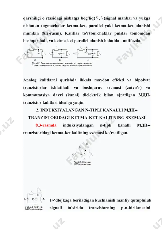 a o'chirish uchun zatvorga manfiy boshqarish signalini berish kerak bo'lishi mumkin. transistorni ochish uchun zatvorga musbat kuchlanish beriladi. boshqarish signalining parametrlarini to'g'ri tanlash bilan ochiq va yopiq kalitning qarshiligi o'rtasida katta nisbatga erishish mumkin (ом; ом).induksion kanalli мдп tranzistorlaridagi analog kalitlar mikrosxemalar shaklida ishlab chiqarilgan ko'p kanalli kalitlarda qo'llaniladi (143kt1, 168kt2, 190kt1, 190kt2). mis tugmalarining kamchiligi shundaki, interelektrod kondansatkichlari orqali yuqori chastotali boshqarish pulslari и kommutatsiya zanjiriga kirib, yukning qarshiligida parazitik kuchlanish hosil qilib, zaif yoqilgan signallarni maskalash. qo'shimcha mis tugmachalarida (kмдп tugmachalari) parazit signallari ijobiy va salbiy nazorat kuchlanishlaridan parazit signallarning o'zaro kompensatsiyasi tufayli susayadi. turli xil kanal o'tkazuvchanligi bilan tranzistorlar zatvorlariga etkazib beriladi (8.4-rasm). agar tranzistorlar bir xil bo'lsa va har xil kutuplulukda nazorat voltajlarıning amplitüdalari bir xil bo'lsa, nazariy jihatdan parazit signallari uchun to'liq kompensatsiya bo'lishi kerak. 176kt1, 561kt1, 564kt1 mikrosxemalaridagi talab mikrosxemaga o'rnatilgan boshqaruv signall shakllantiruvchilari tufayli ta'minlanadi, tashqi boshqaruv kuchlanishi esa bir qutblibolishi mumkin. 3.asosiy …