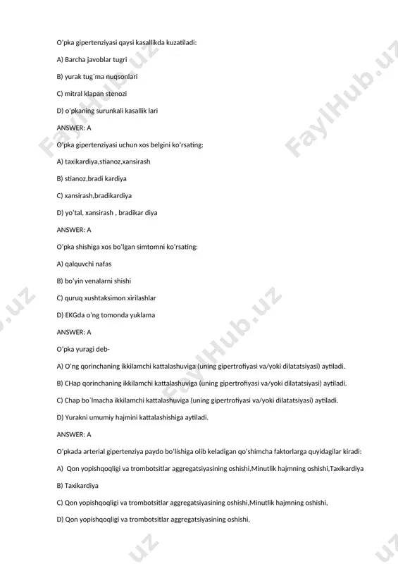 ntin b) kordaron c) beta-blokatorlar d) rauvol fiya preparat lari answer: a surunkali o’pka yuragining sabablari: a) pnеvmosklеrozlar sil natijasida o’pka fibrozi pnеvmokoniozlar natijasida o’pka fibrozi fibrozlanuvchi alvеolit surunkali pnеvmonitlar o’pkaning diffuz kasalliklarida paydo bo’ladigan fibroz b) pnеvmosklеrozlar c) sil natijasida o’pka fibrozi d) astmatik status answer: a surunkali o’yu ning sabablari: a) o’pka parеnximasining tug’ma kasalliklari (mukovistsidoz, polikistoz, o’pka gipoplaziyasi v b.), o’pkaning shikastlanishi bilan kеchadigan granulеmatoz kasalliklar b) o’pka parеnximasining tug’ma kasalliklari (mukovistsidoz, polikistoz, o’pka gipoplaziyasi v b.) c) o’pka artеriyasi tarmoqlarining tromboemboliyasi d) klapanli pnеvmotoraks, massiv plеvritlar answer: a abssess keltirib chiqaruvchi sabablarga va infeksiyaning o‘pka to‘qimasiga kirish yo‘llariga qarab qanday abssesslarni farqlaydilar? a) aspiratsion, obturatsion, metapnevmonik, gemotogen, embolik, limfogen va travmatik b) gemotogen, embolik, limfogen va travmatik c) gemotogen, embolik, limfogen d) aspiratsion, obturatsion, metapnevmonik, gemotogen, embolik, answer: a bemorlardan bir talay (1 l.gacha va bundan ko‘proq) yiringli yoki chink balg‘am chiqadi. bu abssesni qaysi davriga …