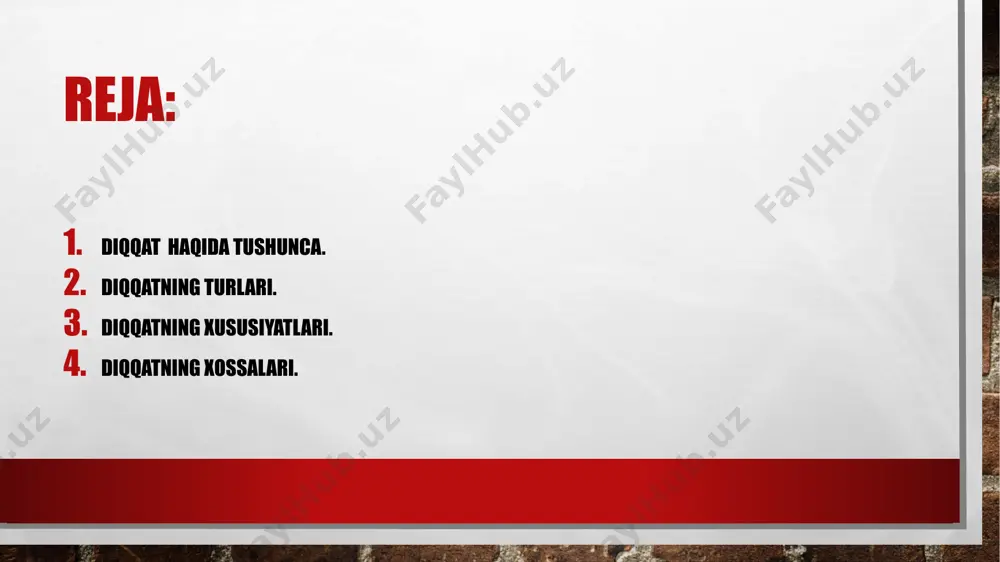 oliyat talablariga ko‘ra yo‘naltirilgan, ongli boshqariladigan jamlanganlik. diqqatning turlari ixtiyorsiz diqqat biz diqqatni qaratishni maqsad qilib qo`ymagan paytimizda psixik faoliyatning yo`naltirishi va to`planishi ixtiyorsiz xarakterga ega bo`lishi mumkin. bunday hollarda faoliyatning maroqliligi, qiziqarli yoki kutilmaganda favqulotdaligi bilan odamni o`z - o`ziga jalb eta oladi. odam o`ziga ta`sir qilayotgan narsalarga, hodisalarga, bajarayotgan faoliyatiga beixtiyor berilib ketadi. masalan: biror ishni bajarayotgan odam radioda yoqimli kuy yoki ashulani eshitib qolsa yoki e`lonni eshitsa u beixtiyoriy qilayotgan ishini tashlab radioga quloq soladi. diqqatning turlari biroq biz ko`zlagan maqsad va qabul qilingan qaror tufayli ma`lum bir ishni bajarish lozimligini bilar ekanmiz, bunday holda diqqatning yo`nalishi va to`planishi ixtiyoriy tabiatga ega bo`lishi mumkin. ixtiyorsiz diqqatni yuzaga keltiruvchi sabablarning ikkinchi guruhi tashqi seskantiruvchilarning odamning ichki holatiga muvofiqligi, va birinchi navbatda, uning ehtiyojlariga mos kelishi bilan bog‘liq. masalan, qorni to‘q va qorni ochiqqan odamlar ovqat to‘g‘risidagi suhbatga turlicha munosabat bildiradilar. diqqatning turlari sabablarning uchinchi guruhi shaxsning umumiy yo‘nalganligi …
