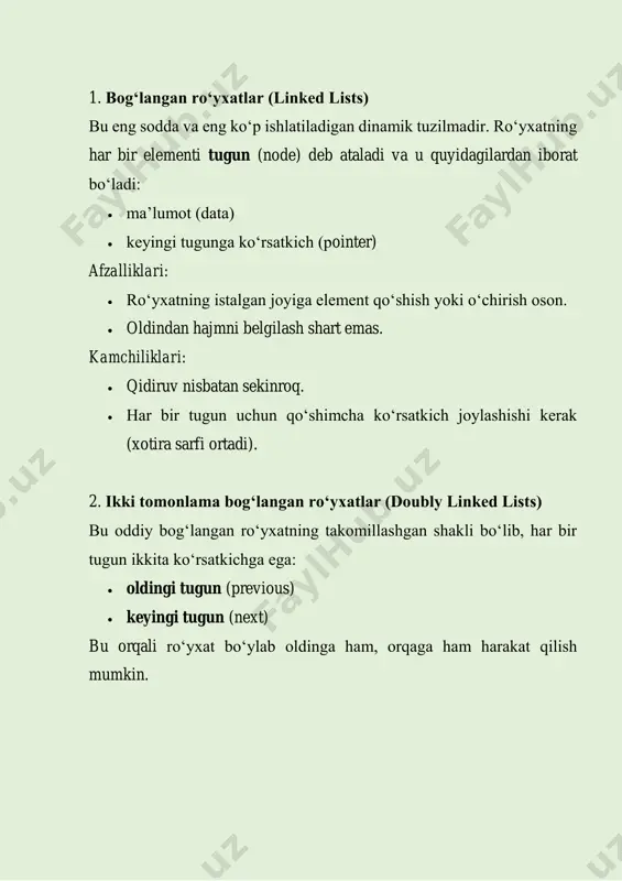 isollar:  qavslarni tekshirish  funktsiyalarni rekursiv chaqirish  vaqtincha ma’lumot saqlash 5. navbat (queue) navbat “birinchi kirgan, birinchi chiqadi” (fifo – first in first out) prinsipida ishlaydi. asosiy amallar:  enqueue() — navbat oxiriga element qo‘shish  dequeue() — navbat boshidan element chiqarish qo‘llaniladi:  tizim resurslarini boshqarishda  printer navbatida  tarmoqda paketlar uzatishda 6. daraxtlar (trees) daraxtlar — ierarxik tuzilmalardir. har bir tugun (node) ostida boshqa tugunlar (bolalar) bo‘lishi mumkin. eng mashhur turi: binary search tree (bst) bst — har bir tugun ikki bolaga ega:  chap bola: kichik qiymatlar  o‘ng bola: katta qiymatlar daraxtlar ishlatiladi:  ma’lumotlarni tez izlash  fayl tizimlarini modellashtirish  ma’lumotlarni tartiblash (sorting) 7. graf (graph) graf — tugunlar (vertex) va ular orasidagi bog‘lanishlar (edge) to‘plamidir. graf yo‘nalgan yoki yo‘nalmagan bo‘lishi mumkin. qo‘llaniladi:  ijtimoiy tarmoqlar (do‘stlar, kuzatuvchilar)  yo‘l topish (navigatsiya)  elektr tarmoqlari, oqimlar, marshrutlash dinamik tuzilmalarning dasturiy til …