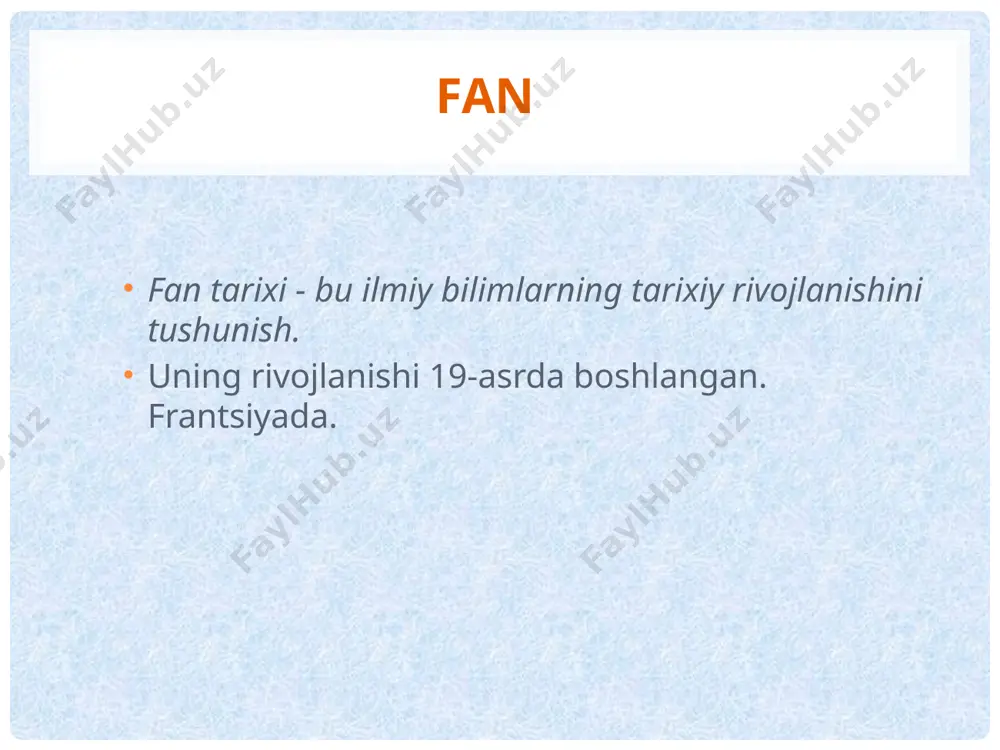 a hozirgi zamonda falsafadan ajralish natijasida vujudga keladi uch bosqich : klassik, klassik bo'lmagan, klassik bo'lmagan (zamonaviy). bu davrlashtirishning mezoni - bilish ob'ekti va sub'ekti o'rtasidagi munosabat (qarama-qarshilik). ratsionallik turi ratsionallik xususiyatlari klassik mavzu bilan bog'liq hamma narsa hech qanday ma'noga ega emas klassik bo'lmagan bilish vositalari hisobga olinadi post-klassik bo'lmagan qiymat-maqsad tuzilmalari hisobga olinadi har bir bosqichning o'ziga xos paradigmasi (nazariy, uslubiy va boshqa ko'rsatmalar to'plami), o'ziga xos "dunyo tasviri", o'zining asosiy g'oyalari mavjud. zamonaviy fan va jamiyat “fan-jamiyat” aloqa vektori 19-asrda fandan jamiyatga yo'naltirilgan edi, chunki sivilizatsiya tarixi ilmiy g'oyalarni rivojlantirish funktsiyasi sifatida harakat qilgan, yigirmanchi asrda - jamiyatdan fanga. ilm-fan jamiyat taraqqiyotining funktsiyasi sifatida ishlaydi. fanning ijtimoiyligi fan murakkab ijtimoiy organizmga, shu jumladan turli xil ijtimoiy tuzilmalarga aylanadi: laboratoriyalar, universitetlar, olimlar guruhlari, ilmiy hamjamiyat va boshqalar. fanni davlat tomonidan qo'llab-quvvatlash moliyaviy (davlat yoki xususiy mablag'lar hisobidan); material (er, binolar, uskunalar va boshqalar); intellektual (yoshlarning fanga kirib kelishi); …