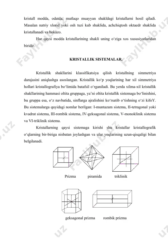bu tekshirishlarning muhim samarasi kо‘pgina murakkab moddalarda panjara tugunlarida molekullar emas, balki musbat va manfiy zaryadlangan ayrim ionlar turishining kashf etilishi bо‘ldi. barcha kristallik panjaralar tо‘rtta asosiy turga bо‘linadi: molekulyar panjaralar panjara tugunlarida molekulalar turishi bilan xarakterlanadi. polyar yoki kam polyar tipdagi birikmalar va umuman, atom bog‘lanishga ega bо‘lgan birikmalar molekulyar panjaralar hosil qiladi. atomli panjaraning struktura birligi о‘zaro kovalent bog‘langan neytral atomlardir. bunday turdagi panjaralar ba’zi oddiy moddalarga, masalan, olmosga xos. tugunlarida musbat va manfiy ionlar navbatma-navbat joylashgan ionli panjaralar ionlardan tuzilgan birikmalarga xosdir, bu birikmalar qatoriga tuzlarning qaryib hammasi, kо‘pgina oksidlar va boshqa ba’zi moddalar kiradi. nihoyat, metall panjaralar о‘ziga xos tuzilishga ega. metall panjara tugunlarida neytral atomlar emas, balki musbat ionlar turadi, bu ionlar oralig‘ida erkin, oson harakatchan elektronlar bо‘ladi. metall panjaralari tо‘g‘risida metallar bayon etilganda batafsil sо‘zlanadi. molekulyar atomli va ionli panjaralar orasida farq bо‘lishiga sabab, ularni hosil qiluvchi zarrachalarning tipigina emas, balki bu zarrachalarning о‘zaro …