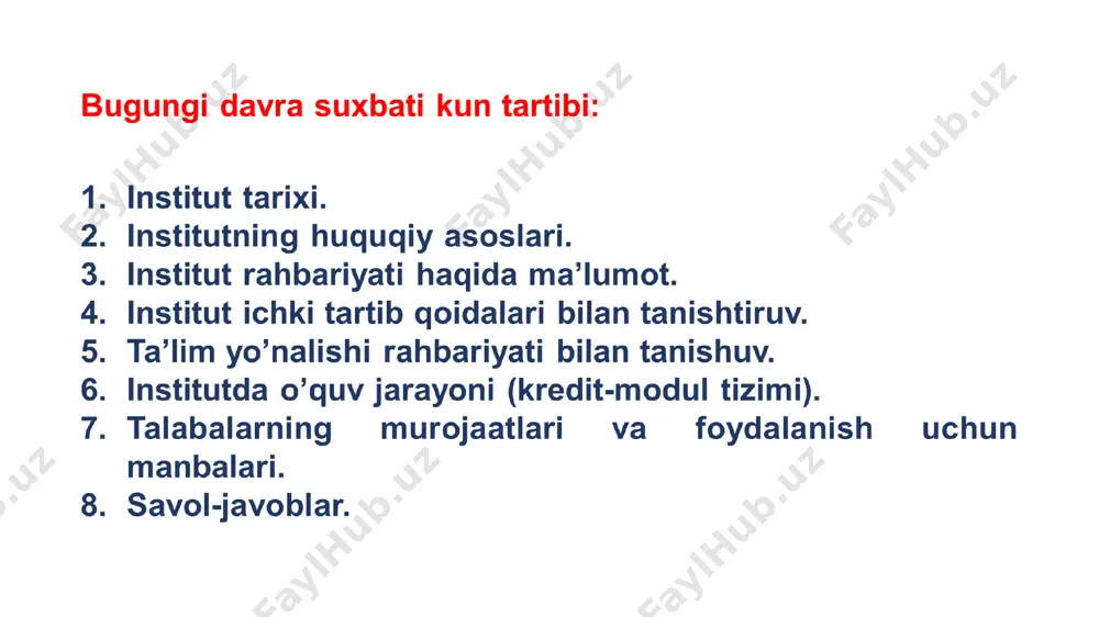 adqiqot ishlaridagi faol ishtiroki uchun turli shakldagi rag‘batlantirishlar belgilanadi. 2.6. talabalarni jamoatchilik, ijtimoiy-siyosiy tashkilotlar, harakatlar va partiyalar, shuningdek ularning ushbu tashkilotlarning faoliyatiga, ularning targ‘ibot kampaniyalari va siyosiy tadbirlariga majburiy jalb etilishiga, shuningdek, ularni majburiy mehnatga jalb qilinishiga yo‘l qo‘yilmaydi. talabalarning huquqlari. 2. toshkent shahridagi yodju texnika instituti ichki tartib qoidalari 2.7. institut talabalarining majburiyatlari: 2.7.1. ta'lim olishda tanlangan yo‘nalish (mutaxassislik) bo‘yicha ta'lim dasturini o‘zlashtirish uchun barcha talablarni bajarishlari. 2.7.2. o‘quv mashg‘ulotlariga qatnashishlari, o‘quv rejasi va o‘quv dasturlarida ko‘zda tutilgan barcha topshiriqlarni o‘z vaqtida bajarishlari. 2.7.3. o‘zlarining madaniy va professional bilim darajalarini oshirishlari. 2.7.4. institutning talabalari va xodimlarining qadr-qimmati, fikri, huquqlari va qonuniy manfaatlarini hurmat qilishlari. 2.7.5. institut ustaviga, mazkur qoidalarga, talabalar turar joyi nizomiga (mavjud bo‘lgan taqdirda), yong‘in xavfsizligi qoidalariga, shuningdek, o‘quv va ilmiy laboratoriyalarda texnika xavfsizligi qoidalariga, institutning ichki hujjatlariga amal qilishlari. 2.7.6. institutning mol-mulki va kitob fondini ehtiyot qilish, institut hududi, o‘quv xonalari, umumiy foydalanish joylarida tozalik va …