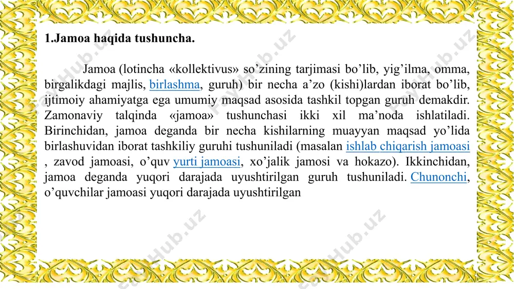 mida namoyon bo’lar ekan, jamoa va ijtimoiy jamiyat maqsadi, intilishida o’zaro birlik, uzviylik, aloqadorlik yuzaga keladi. shu bois jamoa hayotining aniq (yagona) maqsadga qaratilganligi va ijtimoiy-g’oyaviy xususiyat kasb etishi uning yetakchi belgisi sanaladi. har bir jamoa boshqa jamoalar bilan uzviy aloqadorlikda mavjud bo’ladi. muayyan jamoaning har bir a’zosi jamiyat ijtimoiy faoliyatini tashkil etish jarayonida o’z jaomasi bilan birgalikda ishtirok etadi. jamoa a’zolarini intilishlarini tushunish, jamoa oldiga qo’yilgan maqsad mohiyatini chuqur his etish hamda uning shaxsni shakllantirishdagi o’rni va rolini to’g’ri baholay olish jamoa a’zolarining umumiy va xususiy (shaxsiy) maqsad, qiziqishi, ehtiyoj va faoliyatlari o’rtasidagi birlikni namoyon etadi hamda jamoaning bo’linishga yo’l qo’ymaydi. jamoa va uni shakllantirish o’qituvchiik faoliyatining maqsadi hisoblanidi. muhim tarbiyaviy ta’sir kuchiga ega bo’lgan sub’ektlarning alohida namuna ko’rsatishlari jamoani shakllantirishning muhim vositasi bo’lib, ushbu vosita yordamida jamoaning barcha yoki muayyan a’zosini tarbiyalash ijobiy samaralar beradi. jamoa tomonidan hal etilishi ko’zda tutilgan yetakchi tarbiyaviy vazifa shaxsni har tomonlama tarbiyalash, …
