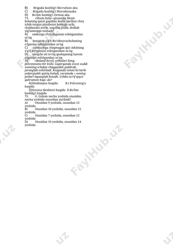 oirlarning sultonidir» fikr kim haqida ekanligini aniqlang. a) yassaviy b) atoyi c) navoiy d) islom karimov 27. kitob orqali, adabiy asarlarni o'qib-o'rganish tufayli orttirilgan bebaho boylik bu… a) ma’naviy boylik b) ma’rifiy boylik c) ma’naviyat va ma’rifat d) ijodkorlik 28. «agar biz o'zbekistonimizni dunyoga tarannum etmoqchi, uning qadimiy tarixi va yorug' kelajagini ulug'lamoqchi, uni avlodlar xotirasida boqiy saqlamoqchi bo'lsak, avvalambor buyuk…ni, buyuk …ni, buyuk ijodkorlarni tarbiyalashimiz kerak tushib qolgan so’zlar qaysi bandda to’g’ri ko’rsatilgan. a) yoshlarni avlodlarni b) jurnalistlarni, suxandonlarni c) shoirlarni , yozuvchilarni d) yozuvchi , shoirlarni 29. «adabiyot yashasa - millat yashaydi» ushbu fikr mauallifi kim? a) i. karimov b) a. qahhor c) oybek d) cho’lpon 30. yozuvchi abdulla qahhor «adabiyot - atomdan kuchli, lekin uning kuchini…» degan fikrining davomi qaysi bandda berilgan? a) uning kuchini she’r yzishga sarflash kerak b) о'tin yorishga sarflamaslik kerak c) o’tin yorishga sarflash kerak d) uning kuchini hikoya drama yozishga sarflash kerak …