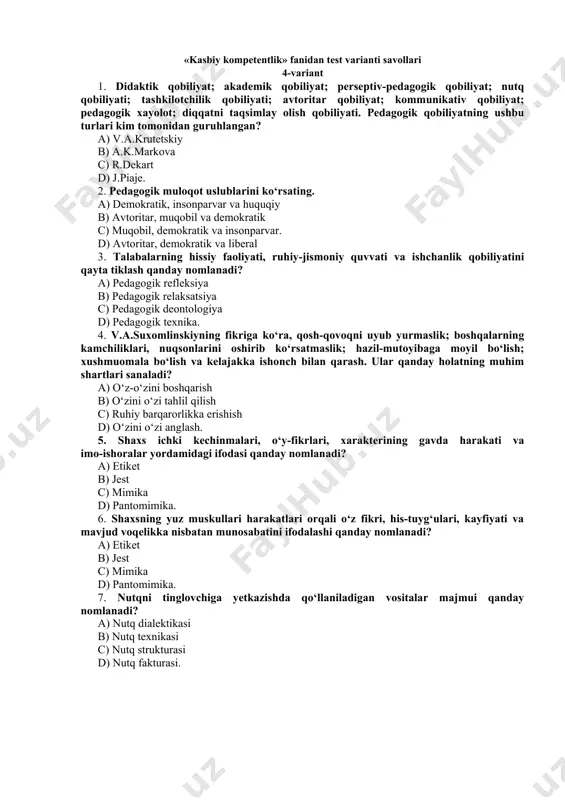 tomimika. 6. shaxsning yuz muskullari harakatlari orqali o‘z fikri, his-tuyg‘ulari, kayfiyati va mavjud voqelikka nisbatan munosabatini ifodalashi qanday nomlanadi? a) etiket b) jest c) mimika d) pantomimika. 7. nutqni tinglovchiga yetkazishda qo‘llaniladigan vositalar majmui qanday nomlanadi? a) nutq dialektikasi b) nutq texnikasi c) nutq strukturasi d) nutq fakturasi. 8. weakness – bu so’z nimani anglatadi ? a)kuchlitomoni, tashkillashtirishning ichkimanbalari mavjudligi nazarda tutiladi b) kuchsiz tomoni yoki ichki muammolarning mavjudligi c) tashkillashtirishdan tashqarida rivojlanish uchun mavjud imkoniyatlar d) jadvaliningnomiinglizchaso‘zlarningboshharflaridantuzilgan 9. threats – bu so’z nimani anglatadi ? a) tashqi muhitda tashkillashtirishni muvaffaqiyatiga ta’sir etuvchi xavf-xatarlar b) kuchsiz tomoniyoki ichkimuammolarning mavjudligi c) jadvalining nomi inglizcha so‘zlarning bosh harflaridan tuzilgan d) tashkillashtirishdan tashqarida rivojlanish uchun mavjud,imkoniyatlar 10. opportunitie -- bu so’z nimani anglatadi ? a) kuchsiz tomoniyoki ichki muammolarning mavjudligi b)kuchli tomoni, tashkillashtirishning ichki manbalari mavjudligi nazarda tutiladi; c) tashqi muhitda tashkillashtirishni muvaffaqiyatiga ta’sir etuvchi xavf-xatarlar. d)tashkillashtirishdan tashqarida rivojlanish uchun mavjud,imkoniyatlar 11 “swot-tahlil”jadvali …