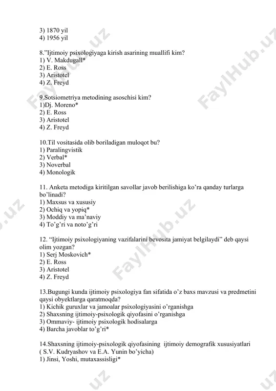 sifatida o’z baxs mavzusi va predmetini qaysi obyektlarga qaratmoqda? 1) kichik guruxlar va jamoalar psixologiyasini o’rganishga 2) shaxsning ijtimoiy-psixologik qiyofasini o’rganishga 3) ommaviy- ijtimoiy psixologik hodisalarga 4) barcha javoblar to’g’ri* 14.shaxsning ijtimoiy-psixologik qiyofasining ijtimoiy demografik xususiyatlari ( s.v. kudryashov va e.a. yunin bo’yicha) 1) jinsi, yoshi, mutaxassisligi* 2) xarakteri va ko’rinishi 3) xoxishlari, motivlari, atrofdagilarga munosabati 4) diqqati, xotirasi 15. shaxsning ijtimoiy-psixologik qiyofasining ijtimoiy psixologik xususiyatlari ( s.v. kudryashov va e.a. yunin bo’yicha) 1) jinsi, yoshi, mutaxassisligi 2) xarakteri va ko’rinishi 3) xoxishlari, motivlari, atrofdagilarga munosabati* 4) diqqati, xotirasi 16. shaxsning ijtimoiy-psixologik qiyofasining individual shaxs xususiyatlari ( s.v. kudryashov va e.a. yunin bo’yicha) 1) jinsi, yoshi, mutaxassisligi 2) xarakteri va ko’rinishi 3) xoxishlari, motivlari, atrofdagilarga munosabati 4) diqqati, xotirasi, temperamenti* 17. bixeviorizm tushunchasi inglizcha “ behavior” so’zidan olingan bo’lib qanday ma’noni anglatadi? 1) xulq-atvor* 2) xarakter 3) tevarak-atrof 4) qora quti 18. psixologiyaning qaysi yo’nalishida uning predmeti ong emas, kishining …