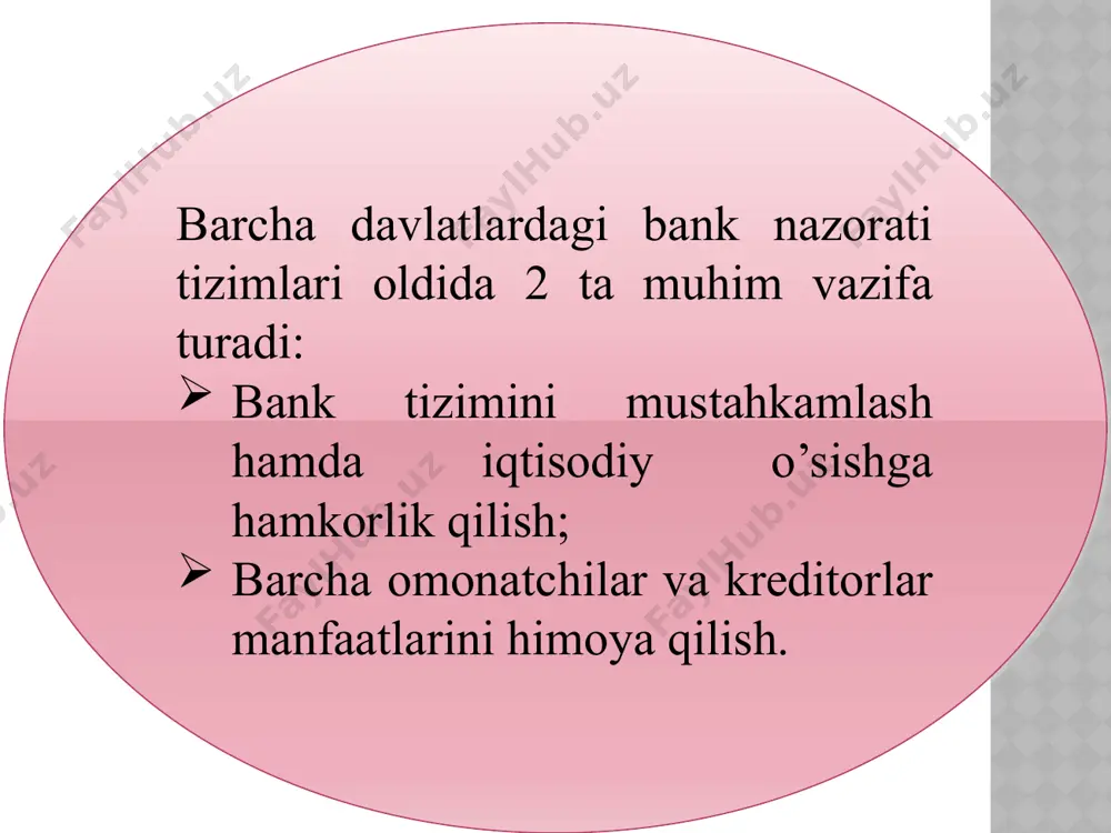 arning bank nazorati organlari bilan (agar mavjud bo‘lsa) mazkur mamlakatlarning qonunlari bilan qo‘riqlanadigan sirlarga, shaxsga doir ma’lumotlar va maxfiy axborotdan foydalanish tartibiga rioya etgan holda hamjihatlik va hamkorlik to‘g‘risida yozma kelishuvlar tuzishga haqli. banklar ustidan konsolidatsiyalashgan nazoratni amalga oshirishning o‘ziga xos xususiyatlari markaziy bank tomonidan belgilanadi. e’tiboringiz uchun rahmat! 17 17 image4.png image5.png image6.png image7.png image8.png image9.png image10.png image11.png image12.png image1.jpeg