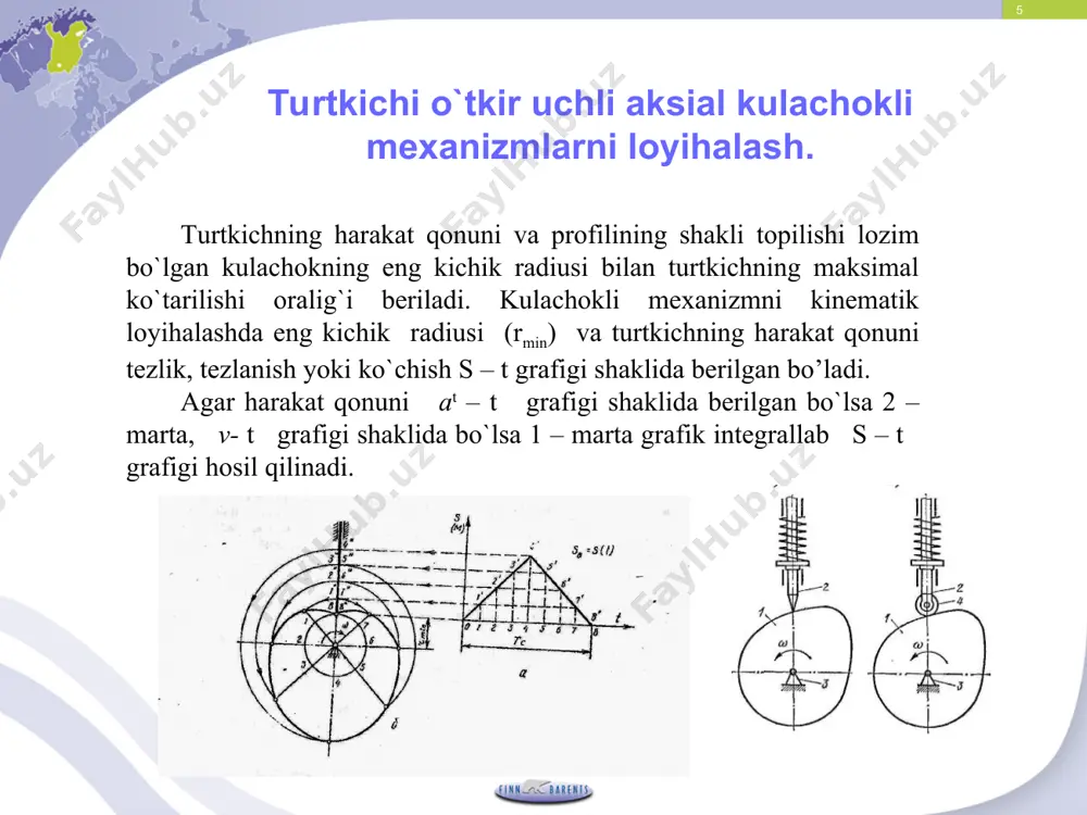 . * kulachokli mexanizmlarning afzalligi: kulachokli mexanizm yordamida yetaklanuvchi bo`g`inning oldindan belgilangan istalgan harakat konunini olish mumkin * kulachokli mexanizmlarning kamchiliklari a)tarkibida oliy kinematik juft borligi va uni moylab turish kiyinligi bo`g`in sirtlarining tez eyilishiga sabab bo`ladi. b) yetakchi va etaklanuvchi bo`g`inlarning doimiy juft hosil qilib turishi uchun tashqaridan qo`shimcha kuch qo`yilishi talab etiladi. bu kuch taosirida juftning sirtlarida qo`shimcha bosim vujudga keladi va harakatlantiruvchi kuchning maolum qismi uni yengishga sarflanadi. natijada mexanizmning foydali ish koef­fitsienti (f .i. k) pasayadi. c) murakkab profilli kulachoklar yasash va ularni taomirlash murakkab texnologik jarayon hisoblanadi. * xulosa qilib aytish mumkinki: a)kulachokli mexanizmlarni maxsus texnologik jarayonlarni amalga oshirishda qo`llash maqsadga muvofiq bo`ladi. b)kulachokli mexanizmlarda foydali ish koefitsientlarini eotiborga olish va iloji boricha yaxshilash tavsiya etiladi. e’tiboringiz uchun rahmat! thank you attention! r