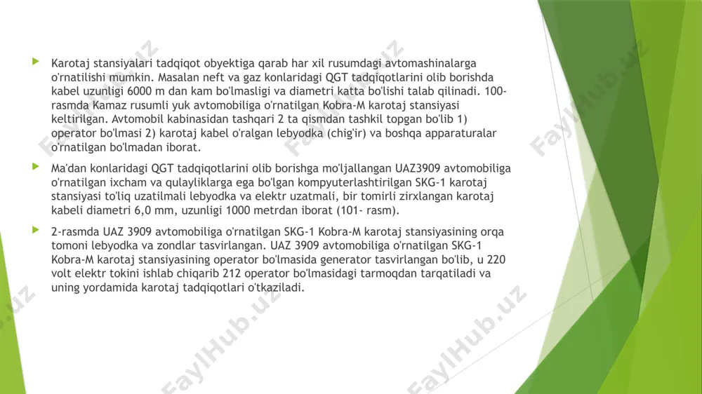 an masofa amaliyotda spm (sena pervaya metka) deb yuritiladi. karotaj kabeliga o’rnatilgan belgilar magnitli (zavodda ishlab chiqariladi) yoki qo'lda har 10 metrdan izolyatsiya lentasi qo'lda o'raladi. tom (tochka nolevaya metka) - quduq usti sathi dan ragagacha bo'lgan masofani tashqil qiladi. spm va tom masofasini aniqligi karotaj tadqiqotlarida muhim ahamiyat kasb etadi. sababi qayd qilingan diagrammalarning quduq kesimining aniq intervaliga 213 mos kelishi shart. bularni qgt tadqiqotlarini o'tkazuvchi dasturga bevosita aniq o'lchab kiritilmasa ishlar sifatiga ta'sir ko'rsatadi. 4-rasmda karotaj stansiyasiga o'rnatilgan lebyodka (chig'ir) ko'rsatilgan, u asosan kabel o'ramidan iborat bo'lgan barabandir. lebyodkaning kattaligi (diametri) kabel diametri va uzunligiga bog'liq. ushbu rasmda 2000 m gacha bo'lgan uzunlikdagi kabel o'ramli (kondagi qgt o'tkazishda ishlatiladigan) lebyodka tasvirlangan. 4-rasmdagi: 1-lebyodka barabani. 2-raga kabelni lebyodkadan bir tekisda blok balans tomonga yo'naltirishga va bir tekisda o'rashga (yig'ishga) xizmat qiladi. 3-ragani kabel o'rami joylashishi bo'yicha ikki tarafga harakatlantiruvchi o'q tasvirlangan uning harakati operator kabinasidan turib boshqariladi. 4-kabel tugash …