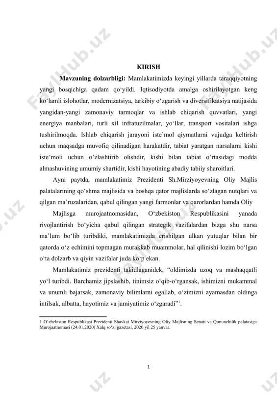 zarb va qiyin vazifalar juda ko‘p ekan. mamlakatimiz prezidenti takidlaganidek, “oldimizda uzoq va mashaqqatli yo‘l turibdi. barchamiz jipslashib, tinimsiz o‘qib-o‘rgansak, ishimizni mukammal va unumli bajarsak, zamonaviy bilimlarni egallab, o‘zimizni ayamasdan oldinga intilsak, albatta, hayotimiz va jamiyatimiz o‘zgaradi” . bugungi kunda dunyoning turli mintaqalarida sodir bo‘layotgan qaramaqarshiliklarning kuchayib borishi, jahon bozorida vaziyatning tez o‘zgarayotgani dunyoning ko‘plab mamlakatlarida investitsion faollikning susayishi real iqtisodiyotda ishlab chiqarishning o‘sish sur’ati susayishi ro‘y berib, jahon bozorida xarid talabining kamayishi davom etmoqda, ishsizlik darajasi yuqoriligicha qolmoqda, ijtimoiy keskinlik kuchaymoqda. bundan tashqari mamlakatimizdagi ayrim sohalar, tarmoqlar va kompaniyalarda eksport hajmi kamayib, import hajmi oshib ketishi, ko‘plab kapital mablag‘lar sarflanishiga qaramay ishlab chiqarish hajmi va mehnat unumdorligining sust o‘sishi fantexnika taraqqiyoti yuz berib, yangi texnika va texnologiyalarning kirib kelishiga qaramay ketgan xarajatlar va mahsulot tannarxi pasayish o‘rniga aksincha, oshishi holati yuz berishi kabi noxush holatlar sodir bo‘lib turibdi. bu holatlar mamlakatimiz oldida turgan keng ko‘lamli dasturiy maqsad va vazifalar …