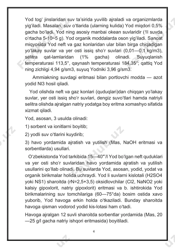 ta’sir ettirib olinadi: 2nai + mn02 + h2s04 = 2nahs04 + mns04 + i2 + 2h2 0 yod turli yod birikmalar tayyorlashda islilatiladi. yodning radioaktiv izotopi tibbiyotda rak va qalqon bezi, arterioskleroz kasalliklarini davolashda ishlatiladi. [anoorganik kimyo (i.a. tashev, r.r. ro‘ziyev, li. ismoilov) 148-bet] yodning ishlatilishi yodning asosiy ishlatilishi tibbiyot, fotosurat va bo’yoq sanoatida qo’llaniladi. sanoat yo’li bilan dengiz o’tlari kulidan olinadi. bu ba’zi kimyoviy jarayonlarda yaxshi katalizator hisoblanadi. radiometrik tanishish uchun yod va ksenon gazidan foydalaniladi. sun’iy ravishda ishlab chiqarilgan i-131 izotopi tibbiyot sektori uchun juda foydali mahsulotdir. ushbu izotop qalqonsimon bez saratoni va miya shishi joylarini aniqlash uchun ishlatiladi. yod va uning birikmalari ishlatiladigan ba’zi mahsulotlar; turli xil tuzlar, dorilar, oziq-ovqat qo’shimchalari, antiseptiklar, yod damlamasi, dezinfektsiyalovchi vositalar, siyohlar, hayvonot ozuqalari, fotokimyoviy moddalar, lcd polarizator filtrlari, tomografiya va rentgenografiya kimyoviy moddalari va boshqalar. yodning ba’zi afzalliklari quyidagicha · bu organizmga kaltsiy va fosfordan foydalanishga yordam beradi. · bu sochlar, …