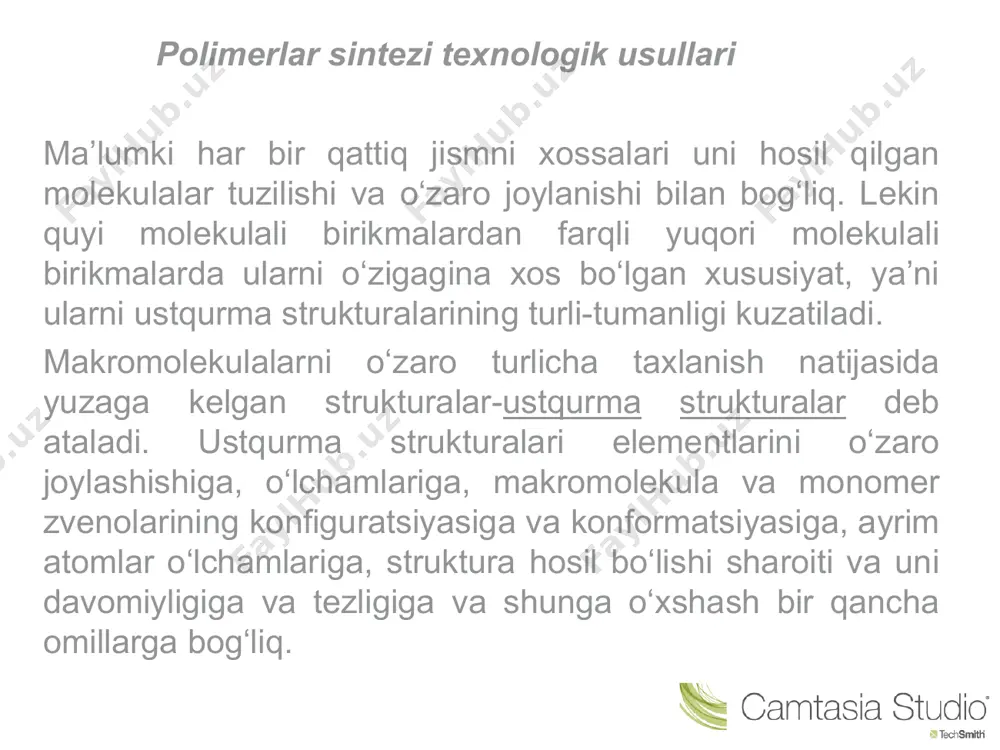 eaktsiyaga kirishayotgan zarrachalarning agregatsiyasi va assotsiatsiyasi bilan bog‘liq bo‘lgan effektlar. polimeranalogik o‘zgarishlar. polimerlarda zanjir uzunlig va tuzilishi o‘zgarmasdan yon funktsional guruxlarning quyimolekulyar birikmalar bilan almashinishi hisobiga boradigan reaktsiyalar polimeranalogik reaktsiyalar deyiladi. bunday reaktsiyalar natijasida yon funktsional guruhlar tabiati o‘zgaradi. bu reaktsiyalar tufayli quyimolekulyar birikmalarning atom yoki atomlar guruhi polimer tarkibida o‘zgaradi. polimeranalgik o‘zgarishlar yordamida monomerlardan sintez qilinishi mumkin bo‘lmagan polimerlar olish mumkin. chunonchi ularning monoemri ma’lum emas yoki turg‘un emas, yoki polimerlanish reaktsiyasiga uchramaydi. ichki molekulyar reaktsiyalar kimyoviy reaktsiyalar qatoriga kirib, unda makromolekulalar qayta guruhlanishi yoki bir makromolekulaning atomlari yoki fnktsional gurhlari o‘zaro birikishi sodir bo‘ladi va polimerlarning polimerlanish darajasi esa o‘zgarmay qoladi. makromolekulalararo reaktsiyalar ikki yoki undan ortiq makromolekulalarni kimyoviy bog‘lar ishtirokida choklanishi natijasida sodir bo‘ladi. bu reaktsiyalar qo‘shimcha birikma kiritmasdan yoki kiritish yo‘li bilan olib boriladi. makromolekulalararo reaktsiyalarga kauchuklarni vulqonlash yaqqol misol bo‘ladi. bunda chiziqsimon makromolekulalar choklangan shaklga aylanadi. ‌‌│ s -ch2-ch=ch-ch2- -ch2-ch-ch-ch2- + ns → s -ch2-ch=ch-ch2- …