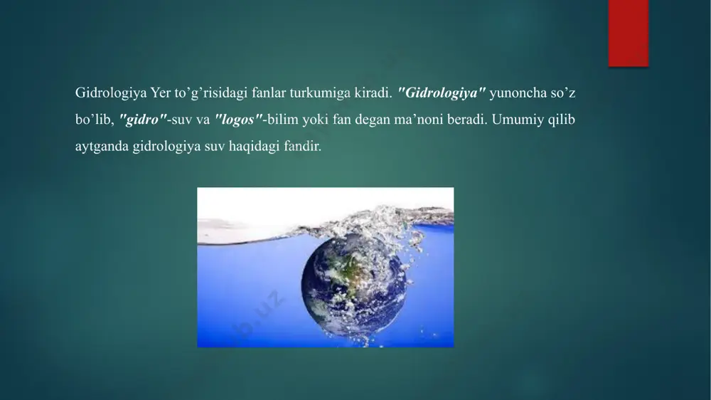 abilar mustaqil fan sifatida ajralib chiqqan. oxirgi ikki fan, ba’zan, umumiy nom bilan mu­handislik gidrologiyasi deb ham ataladi. gidrometriya-gidrologiyaning o’lchov qismi bo’lib, suv ob’ektlarining gidrologik rejimi elementlari (suv sathi, suv sarfi, suvning tezligi, suv yuzasi nishabligi)ni o’lchash, kuzatish uslublarini ishlab chiqish va ularni bevosita amalga oshirish ishlari bilan shug’ullanadi. тadqiqot usullari suv havzalarida kechadigan hodisalar qonuniyatlarini to’la o’rganish, tegishli xulosalar chiqarish va ulardan amalda samarali foydalanish maqsadida gidrologiyada turli tadqiqot usullaridan foydalaniladi. ular ichida eng aso-siylari statsionar, ekspeditsiya va tajriba­laboratoriya usullaridir. gidrologiya daryolar va boshqa turdagi suv havzalarida kechadigan ximiyaviy va biologik jarayonlarni hamda ular­dagi suv massalarining tabiiy xususiyatlarini, sifatini va biologik resurslarini gidrofizika, gidroximiya (suv kimyosi), gidrobiologiya fanlari bilan hamkorlikda o’r-ganadi. suv havzalarida kuzatiladigan harakatlar (suv oqimlari) qonuniyatlarini o’rganishda gidrodinamika va gidravlika qonunlari va usullaridan, gidrologik hisoblashlar va bashoratlarda esa maxsus matematik usullardan va zamonaviy hisoblash texnikasi va kompyuter texnologiya-sidan keng foydalaniladi. 3) amalga oshirilayotgan suv xo’jaligi tadbirlari (me­lioratsiya, …