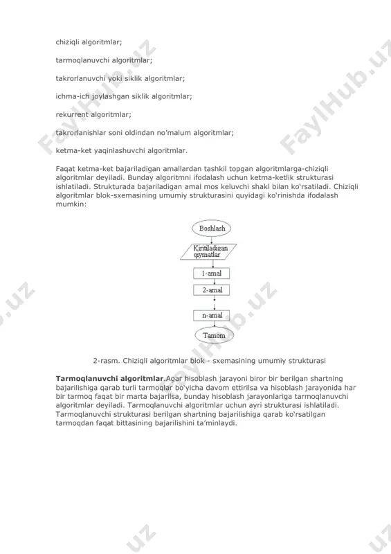 ki chiqаrish хujjаt ахbоrоtlаrni kоgоzgа chiqаrish yoki kоgоzdаn kiritish ахbоrоtlаr оkimi chizigi blоklаr оrаsidаgi bоglаnishlаrni tаsvirlаsh bоglаgich uzilib qоlgаn ахbоrоt оkimlаrini ulаsh bеlgisi bоshlаsh tugаtish ахbоrоtni kаytа ishlаshni bоshlаsh, vаktinchа yoki butunlаy tuхtаtish izох blоklаrgа tеgishli turli хildаgi tushuntirishlаr blok-sxemalar bilan ishlashni yaxshilab o‘zlashtirib olish zarur, chunki bu usul algoritmlarni ifodalashning qulay vositalaridan biri bo‘lib programma tuzishni osonlashtiradi, programmalash qobiliyatini mustahkamlaydi. algoritmik tillarda blok - sxemaning asosiy strukturalariga maxsus operatorlar mos keladi. shuni aytish kerakni, blok-sxemalardagi yozuvlar odatdagi yozuvlardan katta farq qilmaydi. misol sifatida ax2+bx+c=0 kvadrat tenglamani yechish algoritmining blok-sxemasi quyida keltirilgan. 1-rasm. kvadrat tenglamani yechish algoritmi chiziqli algoritmlar.har qanday murakkab algoritmni ham uchta asosiy struktura yordamida tasvirlash mumkin. bular ketma-ketlik, ayri va takrorlash strukturalaridir. bu strukturalar asosida chiziqli, tarmoqlanuvchi va takrorlanuvchi hisoblash jarayonlarining algoritmlarini tuzish mumkin. umuman olganda, algoritmlarni shartli ravishda quyidagi turlarga ajratish mumkin: chiziqli algoritmlar; tarmoqlanuvchi algoritmlar; takrorlanuvchi yoki siklik algoritmlar; ichma-ich joylashgan siklik algoritmlar; rekurrent algoritmlar; …