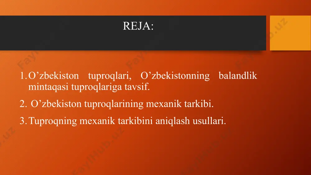 rlar o'zbekiston hududining 9,8%ini tashkil qiladi. o'zbekiston hududida sur-qo'ng’ir tuproqlari, taqirlar, sho’rli tuproqlar, qumli tuproqlar, allyuvial tuproqlar va o'tloq tuproqlari, qumli cho'l tuproqlari, och qizil tuproqlar, oddiy bo'z tuproqlar, cho'l va tog' tuproqlari tarqalgan. o'zbekistonning cho'l, tog' oldi va tog'laridagi tuproqlarning genetik xilma-xilligi umumiy geografik qonuniyatlarga, ya'ni tekislikda gorizontal zonallik, tog'li hududlarda esa vertikal zonallikka asoslanadi. o'zbekistonda balandlik mintaqalarining vujudga kelishi va ularning sabablari, ular bilan bog'liq bo'lgan qonuniyatlar akademik q. zokirov tomonidan 1955-yilda o'rganilgan. olim zarafshon tog' tizmasidagi o'simliklarni uzoq yillar davomida o'rganish natijasida, bu yerlarni tekislikdan baland tog'largacha bo'lgan mintaqalar — cho'l, adir, tog' va yaylovga bo'lish mumkinligini ko'rsatgan. akademik q. zokirovning tushuntirishiga ko'ra, balandlik mintaqalari o'ziga xos iqlim, tuproq qoplami, o'simlik va hayvonot dunyosiga ega. balandlik mintaqalari mutlaq balandlik tuproq qoplami cho'l 250 m gacha sur-qo'ng’ir, taqizlar, sho’rli tuproqlar, allyuvial tuproqlar, o'tloq tuproqlari adir 400-1200 m bo'z tuproqlar (oddiy bo'z tuproqlar, och bo'z tuproqlar, to’q tusli bo'z …