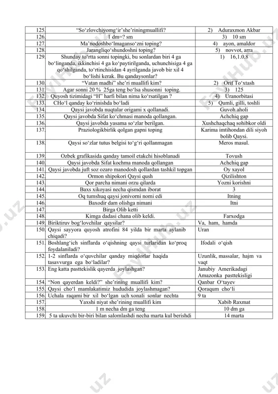 .mulohaza tо‘g‘rimi? “bobomning sovg‘asi” hikoyasi qahramonlari kim? jadvaldan tashqari kо‘paytirish va bо‘lishda eng avval qanday sonlardan foydalanish maqsadga muvofiq hisoblanadi? tо‘g‘ri obid, murod sodda ikki xonali sonlardan 100. jismning harakati davomida barcha nuqtalari bir xil kо‘chsa…….deyiladi? ilgarilanma harakat 101. boshlang‘ich sinflarda arifmetik amallarni bajarishning asosiy tayanchi nima hisoblanadi? komponentlarga ajrata olish 102. 125 ishtirokchini nomerlash uchun nechta raqam kerak? 267 ta 103. geometrik shakllar bilan tanishtirish bosqichlaridan qay birida о‘quvchilar hayotiy tajribasi ,model shakillaridan foydalanib amaliy ishlar bajaradilar? 104. 19 dan 1 ni olib 20 hosil qilsa bо‘ladimi?a.tо‘g‘ri b.notо‘g‘ri a.tog‘ri 105. tо‘rtburchakning 2 ta burchagi tо‘g‘ri bо‘lsa ,bu har doim ham tо‘g‘ri tо‘rtburchak bо‘ladimi? yо‘q ,tо‘rtburchak ham bо‘lishi mumkin. 106. 2,2,2,2 ya’ni 4 ta 2 dan 9 hosil qilib bering? 22 :2-2 =11- 2 =9 107. 3-sinf о‘qish darsligida berilgan aziza ahmedovaning “qish ertagi”necha qismdan iborat 4-qisndan iborat 108. bu qadimiy san’at turlaridan biri bо‘lib ,lotin tilida “biriktirma “ degan …
