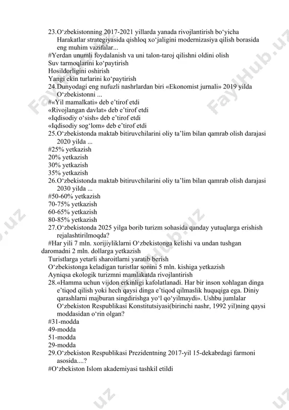ommaviy axborot vositalarini davlat tomonidan qo‘llab-quvvatlash kafolatlari to‘g‘risida»gi qonunlarni qabul qilindi 30. orol ekologik inqirozi qanday muammo hisoblanadi? #xalqaro miqyosdagi faqat mintaqaviy miqyosdagi mahalliy miqyosdagi orolgachegaradosh mamlakatlar ko‘lamidagi 31. istiqlol sharofati bilan muqaddas qur’oni karimni o‘zbek tiliga izohli tarjima qilgan olimni aniqlang. #alouddin mansur abdulaziz mansur muhammad latif julanov alixon to‘ra sog‘uniy 32. o‘zbekistonning qaysi viloyatida xitoyning «nunkel» firmasi bilan hamkorlikda yo‘g‘och tolali plita ishlab chiqarish yo‘lga qo‘yildi? #jizzax samarqand namangan qashqadaryo 33. o‘zbekistonda neftni qayta ishlash komplekslarining barpo etilishida qaysi davlatning «marubeni» va «jey-ji-si» kompaniyalari katta hissa qo‘shgan? #yaponiya aqsh janubiy koreya xitoy 34. o‘zbekiston brezent ishlab chiqaruvchi «kenaf» qo‘shma korxonasini qaysi davlat hamkorligida tashkil etgan? #chexiya vengriya italiya gresiya 35. o‘zbekistonning ta’lim muassasalariga ko‘mak berayotgan jaika-xalqaro hamkorlik agentligi qaysi davlatga qarashli? #yaponiya koreya germaniya fransiya 36. o‘zbekiston respublikasida viloyat, tumanlarning chegarasini o‘zgartirish qaysi organ roziligi asosida amalga oshiriladi? #oliy majlis prezident vazirlar mahkamasi davlat mulk qo‘mitasi 37. qaysi …