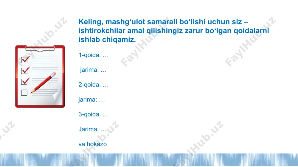 ‘rganish jarayoni ustuvor fikrlash chuqurlashadi; bilim tayyor holda berilmaydi, faoliyat orqali kashf etiladi yangi bilimlar o‘quvchining mavjud tajribasi asosida quriladi o‘qituvchi tayyor bilim bermaydi, balki yo‘l-yo‘riq ko‘rsatadi, ishtirokchini rag‘batlantiradi hamkorlikda o‘rganish juftlikda, kichik guruhda, jamoa bo‘lib ishlash orqali ijtimoiy ko‘nikmalar shakllanadi tanqidiy, ijodiy va reflektiv fikrlash rag‘batlantiriladi tafakkurni rivojlantirishga yo‘naltirish o‘quvchining dars markazida bo‘lishi – o‘qitish emas, o‘rganish jarayoni ustuvor. o‘quvchi faol, mustaqil va tashabbuskor bo‘lishi kerak. faoliyatga asoslangan o‘qitish – bilim tayyor emas, faoliyat orqali egallanadi (kuzatish, tadqiqot, loyihalash, yechim topish). hayotga bog‘langanlik – mavzular hayotiy, dolzarb muammolar va real holatlarga bog‘langan bo‘lishi zarur. tanishdan notanishga qarab rivojlantirish – yangi bilimlar o‘quvchining mavjud tajribasi asosida quriladi. tafakkurni rivojlantirishga yo‘naltirish – tanqidiy, ijodiy va reflektiv fikrlashni rag‘batlantirish. hamkorlikda o‘rganish – juftlikda, kichik guruhda, jamoa bo‘lib ishlash orqali ijtimoiy ko‘nikmalar shakllanadi. o‘qituvchining roli — fasilitator – o‘qituvchi tayyor bilim beruvchi emas, balki yo‘l-yo‘riq ko‘rsatuvchi, ishtirokchini rag‘batlantiruvchi shaxs. 15 bugungi mashg‘ulotdagi ishtirokingizni …