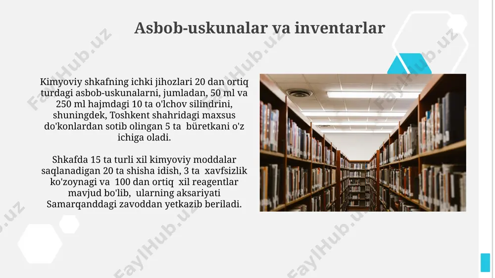 тасдиқланган. xavfli kimyoviy moddalar bilan ishlash samarqanddagi maktab kimyo kabinetlarida saqlanadigan simob (hg) va uning birikmalari bilan ishlashda, 0,1 mg/m³ dan yuqori bo'lmagan konsentrasiyada va yaxshi shamollatiladigan xonalarda ishlash shart, chunki simob bug'lari juda zaharli. konsentrlangan sulfat kislota (98%) kabi kuchli oksidlovchi moddalar bilan ishlashda, 1:5 nisbatda suyultirish va 15°c dan yuqori haroratda ishlashdan qat'iy ravishda qochish zarur, aks holda portlash xavfi yuqori. e'tiboringiz uchun rahmat @taqdimot_robot image1.jpg image2.jpg image3.jpg image4.jpg image5.jpg image6.jpg image7.jpg image8.jpg image9.jpg image10.jpg image11.jpg image12.jpg image13.jpg image14.jpg image15.jpg image16.jpg image17.jpg