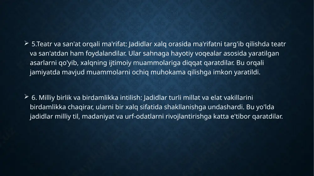 ilan birga , jamiyatning ijtimoiy va madaniy jihatdan o'zgarishiga o'z hissasini qo'shgan . munavvarqori abdurashidxonov (1878-1931) - toshkentda tug'ilgan va jadid maktablarini tashkil etgan muhim figura . u yangi usuldagi o'quv qo'llanmalari va darsliklar yaratgan . ta'limni modernizatsiya qilish va milliy uyg'onishni qo'llab - quvvatlashda faol ishtirok etgan . mahmudxo'ja behbudiy (1875- 1919) samarqandlik jadidchilik harakati vakili . " oyna " jurnalini nashr etib , milliy uyg'onish g'oyalarini ilgari surgan . yangi usuldagi maktablar ochib , xalqni savodli qilishga katta hissa qo'shgan . teatr va adabiyotda yangi yo'nalishlar yaratgan . abdurauf fitrat (1886-1938) oʻzbek tarixchisi , filolog , tarjimon , yozuvchi , dramaturg va shoir , zamonaviy oʻzbek tili va adabiyoti asoschilaridan biri , oʻrta osiyo jadidchiligining taniqli vakili , birinchi oʻzbek professori (1926) [1] . jadidchilik milliy maʼrifatparvarlik harakatining tarafdori . turkiyada taʼlim olgan . inqilobga qadar oʻrta osiyoni rossiyadan ozod qilinishi harakatlarida faol qatnashgan . turkiyadagi „ yosh …