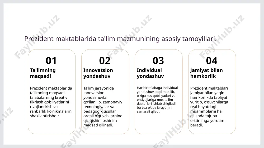 aol ishtirokini ta'minlaydi, bu esa ularning o'zaro munosabatlarini va fikrlash qobiliyatlarini rivojlantiradi. motivatsiyani oshirish interfaol usullar tadbirlarda o'quvchilarni jalb qilganda, motivatsiyani oshiradi. bu, o'z navbatida, o'qitish jarayonida yanada samarali natijalarga erishishga yordam beradi. kreativlik va hamkorlik ushbu usullar o'quvchilarda kreativlikni rag'batlantiradi va hamkorlik ko'nikmalarini rivojlantiradi, bu esa jamoaviy ish va innovatsion fikrlashga yordam beradi. talabalarda ijodkorlikni rivojlantirish uchun zamonaviy o'qitish usullari. 1 zamonaviy metodlar zamonaviy ta'lim metodlari, masalan, kolaborativ o'qitish, talabalarga ijodiy fikrlash va o'zaro muloqot qilish imkonini beradi. 2 texnologiyalarni qo'llash ta'limda texnologiyalarni joriy etish, masalan, virtual sinflar va onlayn resurslar, ijodkorlikni rivojlantirishda muhim rol o'ynaydi. 3 o'zaro ta'sir o'zaro ta'sirli o'qitish usullari, guruh muhokamalari va loyiha asosida o'qitish, talabalarning ijodkorlik ko'nikmalarini mustahkamlaydi. rahbarlik qobiliyatlarini shakllantirishda mentorlikning o'rni. 1 mentorlikning ahamiyati mentorlik, talabalarni rahbarlik qobiliyatlarini shakllantirishda muhim rol o'ynaydi, ularning o'z-o'zini anglashlarini va potentsialini ochishga yordam beradi. 2 mentorlar va talabalar mentorlar, talabalarga yo'nalish berish orqali, rahbarlik ko'nikmalarini rivojlantirishda …