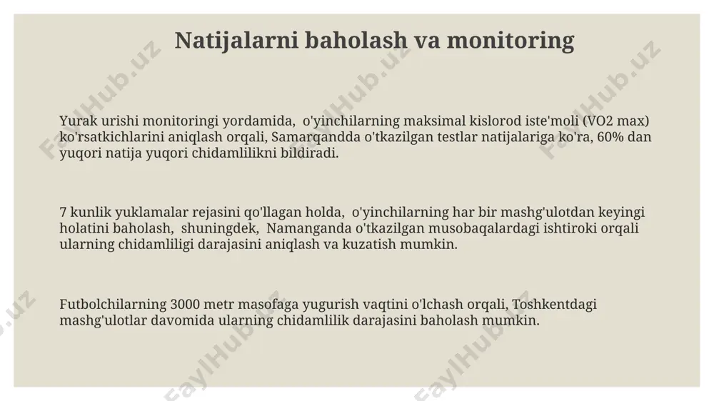 ik dam olish bilan 6 marta takrorlash, futbolchilarning anaerobik quvvatini sezilarli darajada oshiradi, toshkentdagi tajribalar shuni ko'rsatdi. samarqandda o'tkazilgan tadqiqotlar shuni ko'rsatdiki, haftada 3 marta 60 daqiqalik chidamlilik yugurishlari, 150-180 zarb/daqiqada yurak urishi bilan, futbolchilarning umumiy chidamliligini 20% ga oshirishi mumkin. interval mashqlari interval mashqlari rejimini shakllantirishda, masalan, samarqanddagi mashg'ulotlarda, 60 soniya yuqori intensivlikdagi harakatlarni 90 soniya aktiv tiklanish bilan almashtirish samarali hisoblanadi. interval mashqlarida 30 soniya intensiv yugurish va 15 soniya dam olishni 8 marta takrorlash, masalan, toshkentdagi stadionlarda amalga oshirilishi mumkin. futbolchilar uchun interval mashqlari, masalan, 400 metrlik masofani 70% maksimal tezlikda yugurish va 2 daqiqali tik turib dam olishni o'z ichiga oladi, bu esa anaerobik va aerobik qobiliyatlarni rivojlantiradi. sog'liqni saqlash va jarohatlarning oldini olish futbolchilarning 85% gacha bo'lgan qismi mushaklarning haddan tashqari zo'riqishi tufayli jarohat oladi, shuning uchun samarqanddagi reabilitatsiya markazlari kabi muassasalar profilaktika dasturlariga e'tibor berishlari kerak. to'g'ri ovqatlanish va 7-8 soatlik uyqu futbolchilarning immunitet …