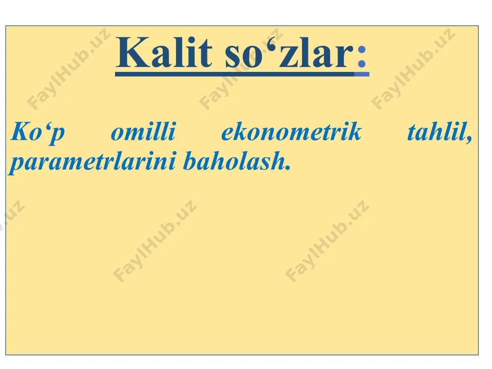 y tenglamasini farqi shundan iboratki, u omillarni natijaga alohida-alohida ta’sirini tavsiflaydi, chunki bir omilni ta’sirini o‘rganilayotganda qolganlari o‘zgarmas holda ushlab turiladi. qolgan omillarni ta’sir darajasi ko‘p omilli regressiya tenglamasining ozod hadida hisobga olinadi. bunday holat regressiyaning xususiy tenglamasi asosida elastiklikning xususiy koeffitsientini aniqlash imkonini beradi, u quyidagicha ifodalanadi: (1.3) bu yerda: - ko‘p omilli regressiya tenglamasida omil uchun regressiya koeffitsienti; - regressiyaning xususiy tenglamasi. berilgan ma’lumotlar asosida to‘plam bo‘yicha o‘rtacha elastiklik ko‘rsatkichini (1.3) dan foydalanib topish mumkin, ya’ni 2. ko‘p omilli korrelyatsiya. ko‘p omilli regressiya tenglamasining amaliy ahamiyati ko‘p omilli korrelyatsiya koeffitsienti va uning kvadrati - determinatsiya koeffitsienti yordamida baholanadi. ko‘p omilli korrelyatsiya koeffitsienti qaralayotgan omillar to‘plamini o‘rganilayotgan belgiga bog‘lanish darajasini tavsiflaydi, ya’ni omillarni birgalikda natijaviy belgiga ta’sir kuchini tavsiflab beradi. ko‘p omilli korrelyatsiya ko‘rsatkichi o‘zaro bog‘lanish shakllaridan qat’iy nazar ko‘p o‘lchovli korrelyatsiya indeksi kabi aniqlanishi mumkin: bu yerda: tenglama uchun qoldiq dispersiya, ko‘p omilli korrelyatsiya ko‘rsatkichi : bu yerda: …