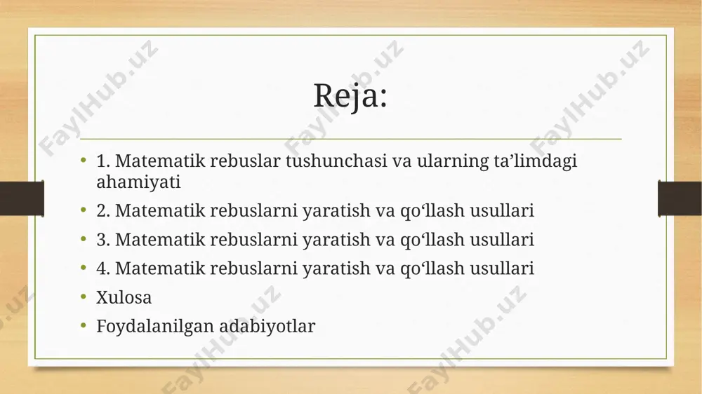 mantiqiy fikrlashini rivojlantirishdagi roli matematik rebuslar o‘quvchilarda mantiqiy fikrlash ko‘nikmalarini shakllantirishga xizmat qiladi. rebuslarni yechish jarayonida o‘quvchilar turli matematik tushunchalarni mustahkamlab, tahlil qilish va mantiqiy xulosalar chiqarish ko‘nikmalarini rivojlantiradi. shu bilan birga, bu mashqlar ijodiy fikrlashga ham yo‘naltirilgan bo‘lib, o‘quvchilarni turli yondashuvlar bilan muammoni hal etishga undaydi. matematik rebuslar orqali matematik mavzular yanada qiziqarli va tushunarli bo‘lib, o‘quvchilarda o‘rganishga bo‘lgan motivatsiya kuchayadi. bu esa o‘z navbatida ta’lim samaradorligini oshiradi va matematikani o‘rganishni yanada samarali qiladi. 4. matematik rebuslarni darslarda samarali qo‘llash tajribasi va tavsiyalar matematik rebuslarni darslarda muvaffaqiyatli qo‘llash uchun o‘qituvchi pedagogik mahoratini oshirishi zarur. rebuslarni darsga mos ravishda, qiziqarli va interaktiv shaklda taqdim etish o‘quvchilarning faolligini oshiradi. rebuslarni individual va guruhli mashg‘ulotlarda qo‘llash, o‘quvchilarning bir-biri bilan fikr almashishi, muammoni hal qilishda hamkorlik qilishiga xizmat qiladi tajribada ko‘rsatildiki, rebuslarni muntazam ravishda ishlatish o‘quvchilarning bilimini chuqurlashtiradi, o‘qishga bo‘lgan qiziqishni oshiradi hamda ijodiy yondashuvni rivojlantiradi. shu bois, o‘qituvchilar uchun metodik qo‘llanmalar va …