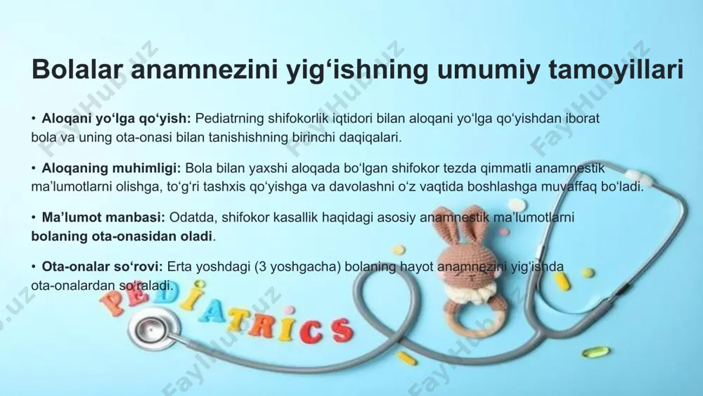 maktab o‘quvchilari uchun - maktabdagi o‘zlashtirish, qaysi fanlar afzal ko‘radi. o‘tkazilgan kasalliklar va jarrohlik aralashuvlar. profilaktik emlashlar. tuberkulin sinamalari qachon o‘tkazilgan, ularning natijasi. yuqumli kasallar bilan muloqotda bo‘lish. kasallik tarixi asosiy shikoyatlar: shifoxonaga yotqizilganda va kuzatuv davridagi shikoyatlar (bemor yoki ota-onasining hikoyasi). kasallik boshlanishi: bola qachon kasal bo‘ldi? kasallik qanday sharoitlarda rivojlangan va birinchi kundan tekshiruv vaqtigacha qanday kechgan? umumiy ko‘rinishlari: kasallikning umumiy ko‘rinishlari (harorat, titroq, uyqu, ishtaha, chanqash, holsizlik, bezovtalik, kayfiyat va boshqalar) - dinamikada aks ettiriladi. kasallik anamnezi tizim namoyishlari: nafas olish tizimi (yo‘tal, balg‘am, ko‘krak/bel og‘rig‘i, nafas qisilishi). yurak-qon tomir tizimi (hansirash, og‘riq yurak sohalari, yurak urishining buzilishi, shishlar). ovqat hazm qilish tizimlari (ko‘ngil aynishi, qusish, qayt qilish, kekirish/jig‘ildon qaynashi, qorin og‘rig‘i, ich kelishi). siydik ajratish tizimi (beldagi og‘riqlar, siyish soni/hajmi, siydik rangi, enurez). tayanch-harakat tizimi (oyoq-qo‘llar/mushaklar/bo‘g‘imlardagi og‘riqlar, bo‘g‘imlarning shishishi/qizarishi, harakatlarning qiyinlashishi, ertalabki karaxtlik). endokrin tizim (soch qoplamasining buzilishi, teridagi o‘zgarishlar, bo‘y va tana vaznining buzilishi). asab …