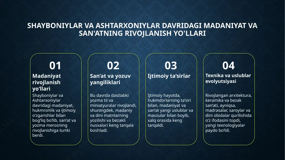 yg'unligi teatrning estetik va ma'naviy ma'nosini oshirardi. 3 ijodiy uslublar va ta'sirlar xvi-xix asrlarda teatr san'ati tazyiqlarga qaramay, o'ziga xos improvizatsiyalar, folklor elementlari va an'anaviy uslublar bilan rivojlandi, milliy identitetni mustahkamladi. o'zbek xonliklarida vizual san'atning kundalik va diniy hayotdagi o'rni kundalik hayotda vizual san'atlar o'zbek xonliklarida rangli matolar, keramika va yozilgan yodgorliklar kundalik hayotda estetik va amaliy ma'noda muhim rol o'ynagan. diniy marosimlar va san'at diniy marosimlarda mozaikalar, qiblalar va madaniyat ashyolari diniy ruhiyatni ifodalashda va muqaddas joylarni bezashda muhim bo'lgan. ijtimoiy va madaniy ifoda vizual san'atlar ijtimoiy mavqega ega bo'lib, ularning yordamida hokimlar va ma'rifatparvarlar o'zlarining kuch va madaniyatini namoyish qilganlar. xulosa 1 xvi-xii asrlarda madaniyat va san'at rivoji - bu davrda madaniyat va san'at yangi texnologiyalar, mavzular va uslublar bilan boyib, ijtimoiy va dini ta’sirlar bilan rivojlandi va keng tarqaldi. 2 vizual san’atlar va bezak san’atlarining o’ziga xosligi - rang-barang miniatyuralar, naqshlar va bezaklar diniy, madaniy va ijtimoiy …